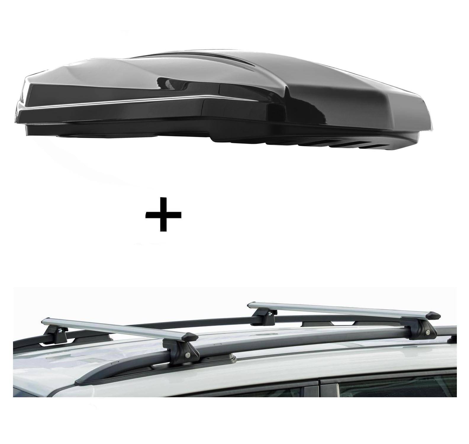 DACHBOX STRIKE 440 Liter schwarz hochglanz + Relingträger CRV135 kompatibel mit für Mazda MPV 95-99