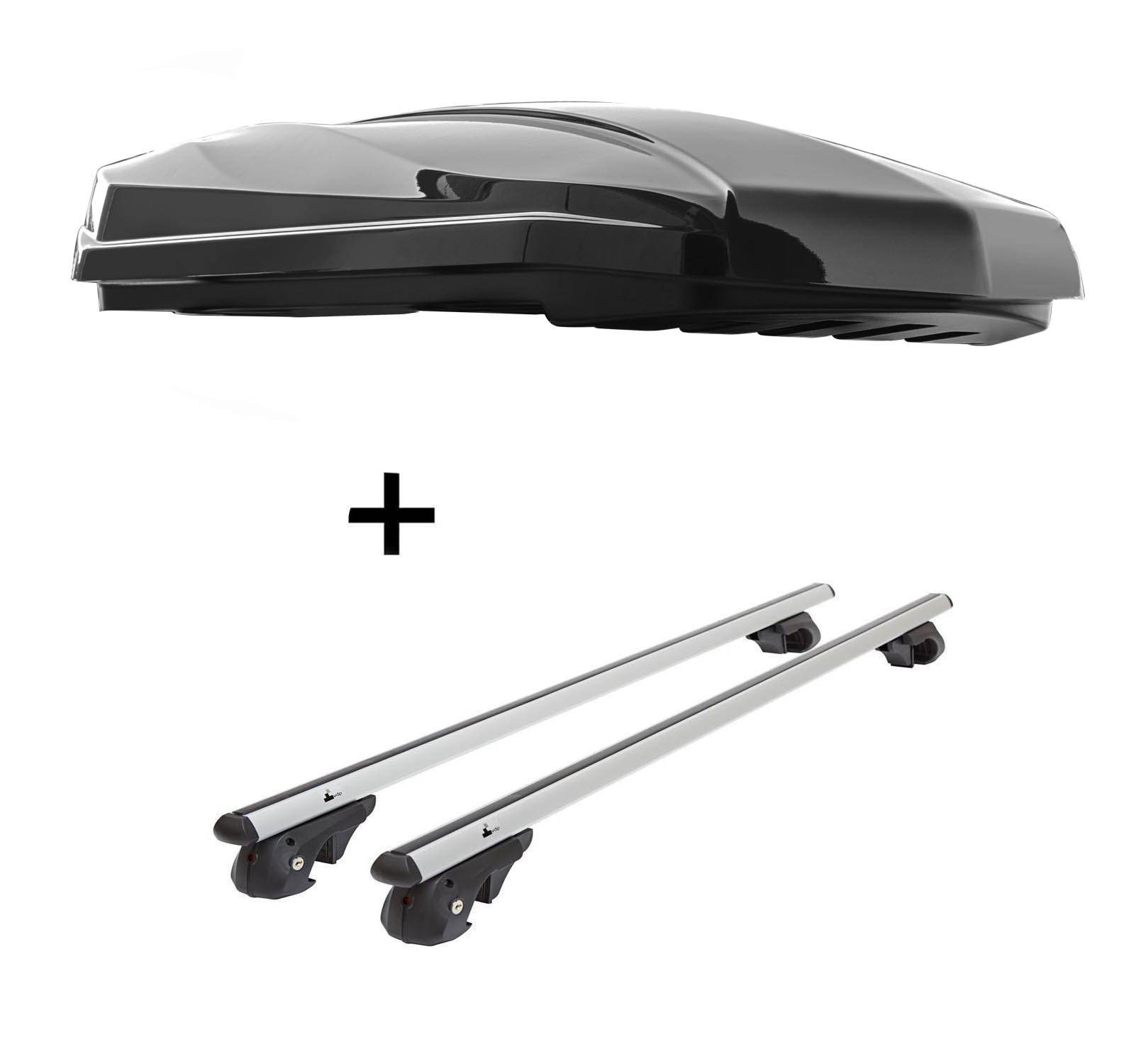 DACHBOX STRIKE 440 Liter schwarz hochglanz + Dachträger VDP004 L kompatibel mit für Kia Carnival 2001-2011