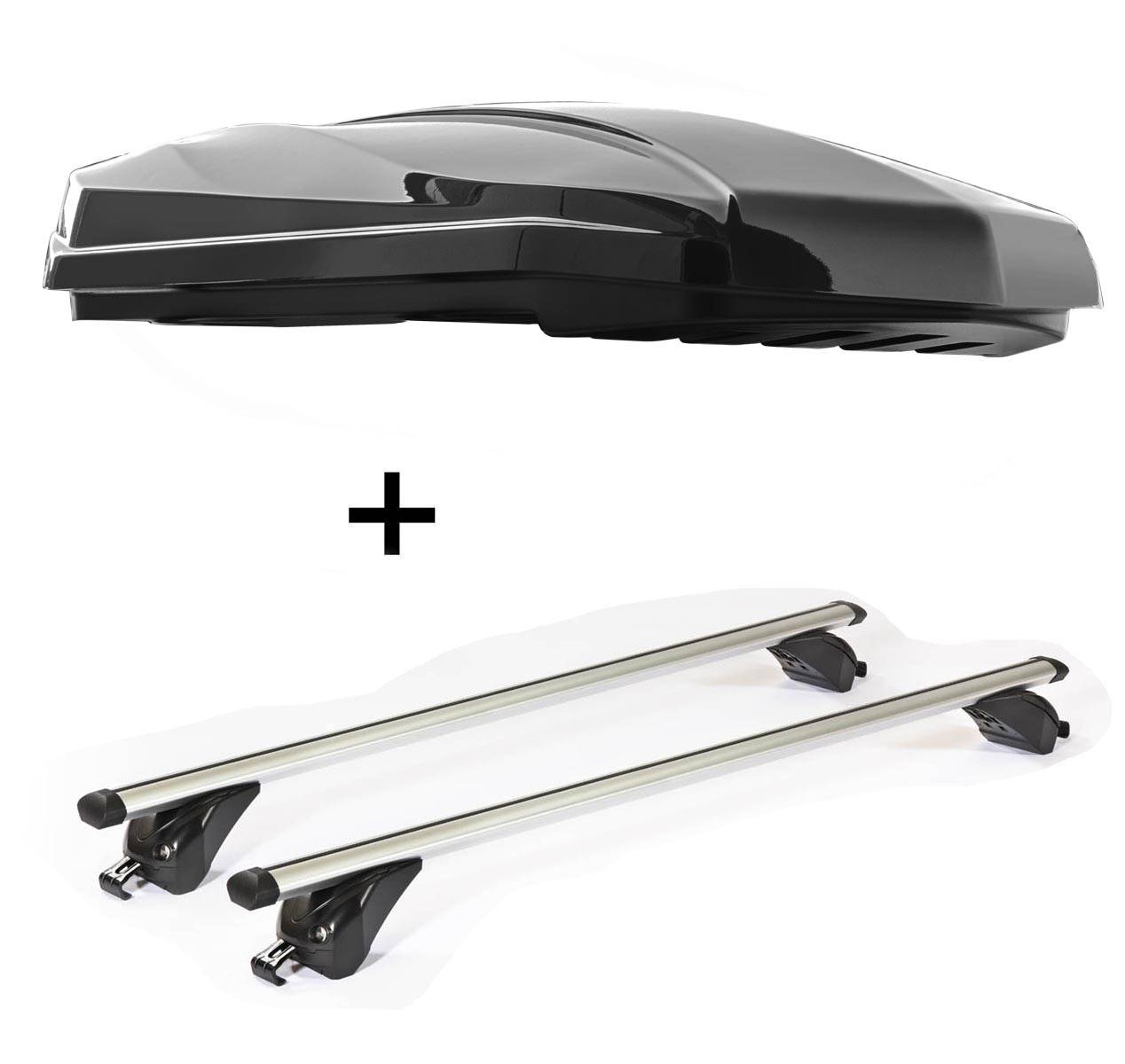 DACHBOX STRIKE 440 Liter schwarz hochglanz + Dachträger/Relingträger KING1 112 cm kompatibel mit für VW Tiguan (5N) Cross (5 Türer) ab 14