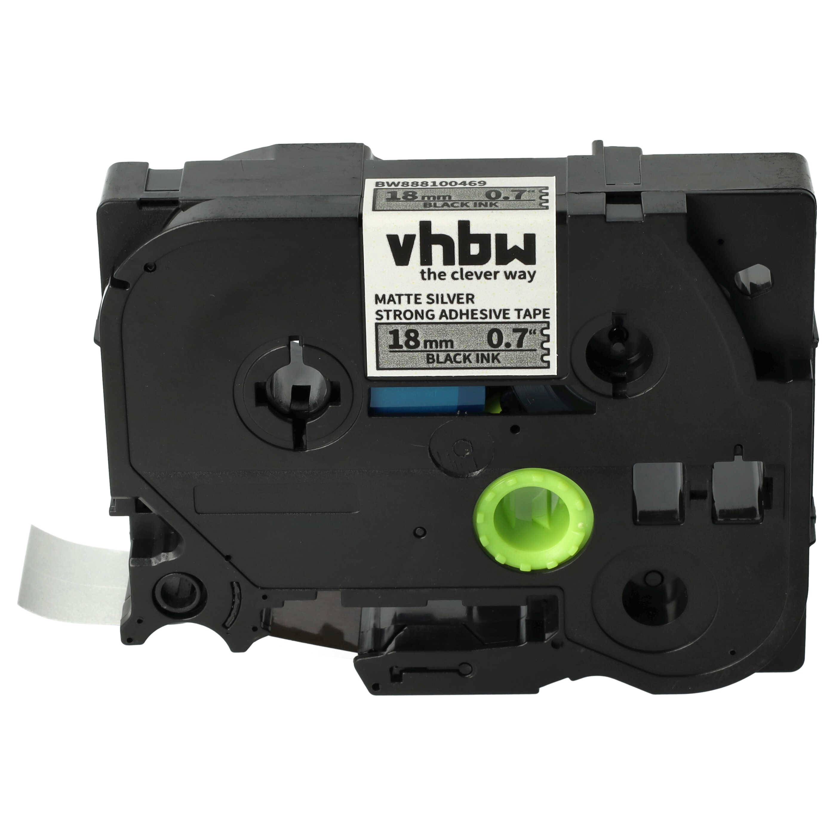 vhbw Schriftband-Kassette kompatibel mit Brother PT 1000BTS | 1000F, 1300 Etiketten-Drucker 8m x 18mm Schwarz auf Matt-Silber, Extra Stark