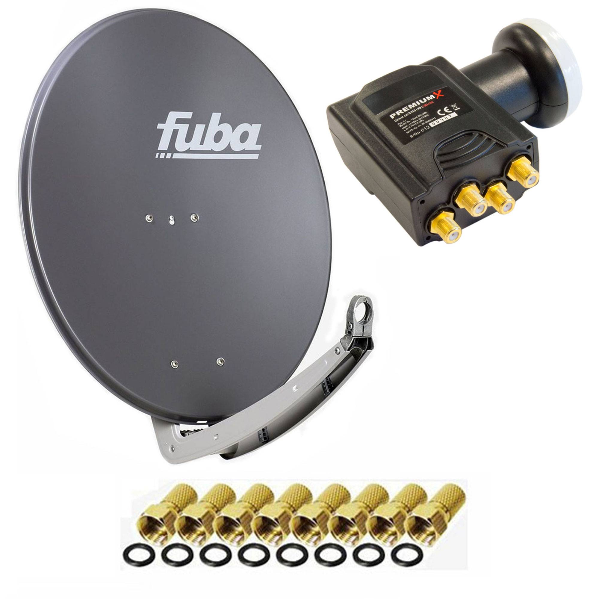 Fuba Antenne 74x84 cm Alu Anthrazit DAA 780 + Premium X DELUXE Quad LNB 0,1 dB + 8x F-Stecker