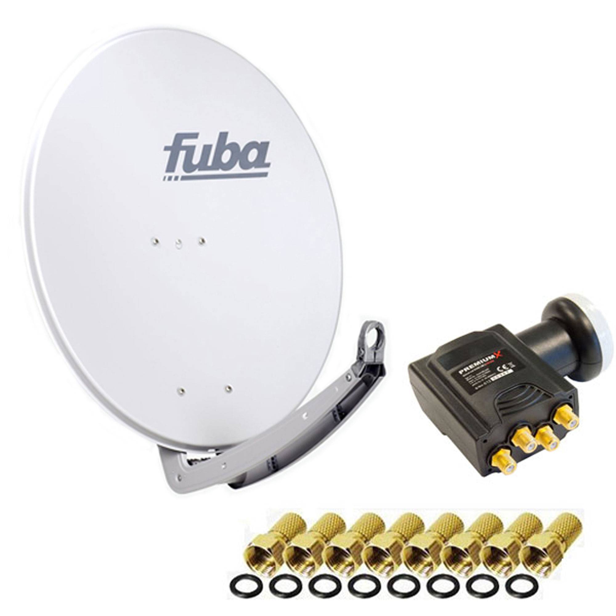Fuba Antenne 74x84 cm Alu Grau DAA 780 + Premium X DELUXE Quad LNB 0,1 dB + 8x F-Stecker