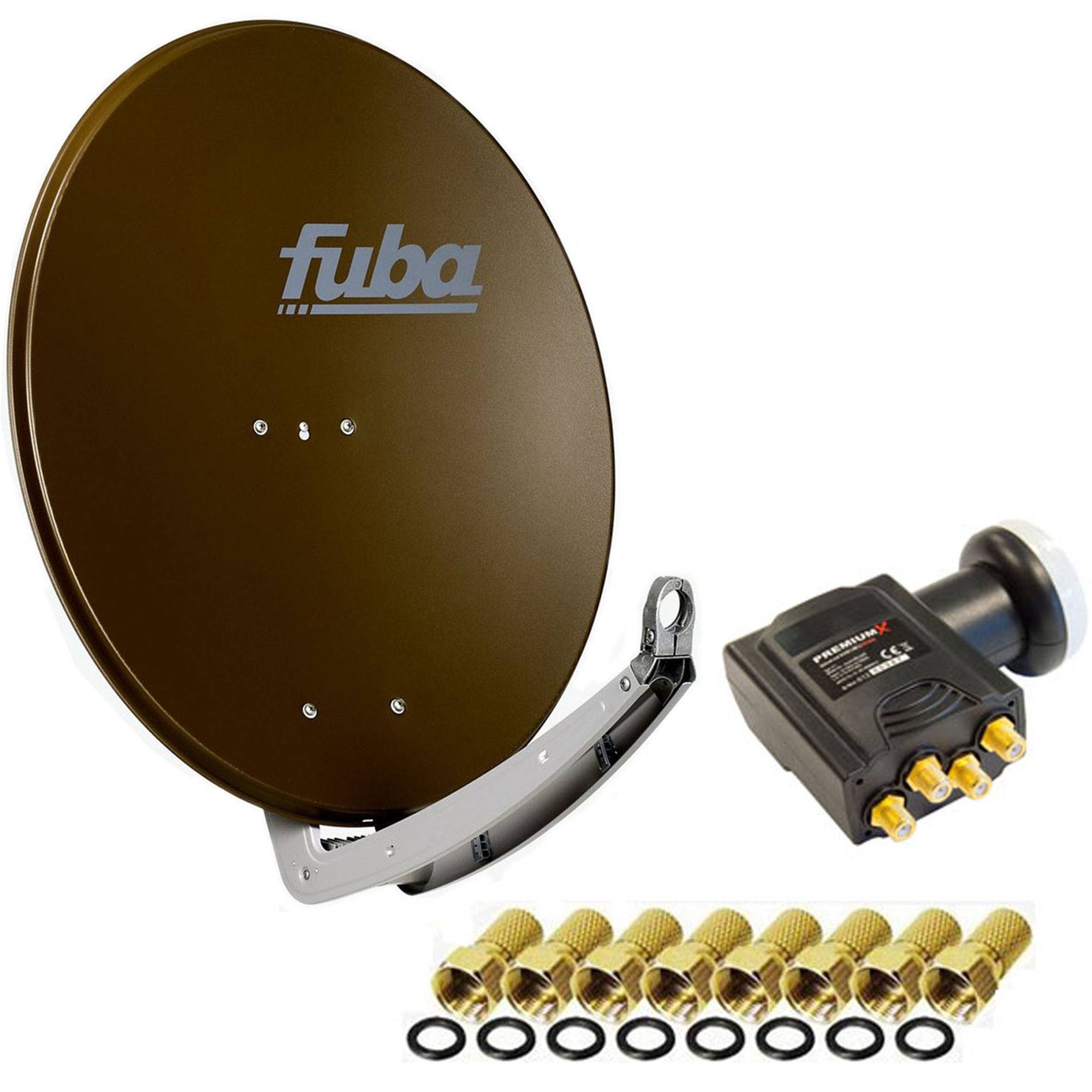 Antenne Fuba 74x84 cm Alu Braun DAA 780 + Premium X DELUXE Quad LNB 0,1 dB + 8x F-Stecker