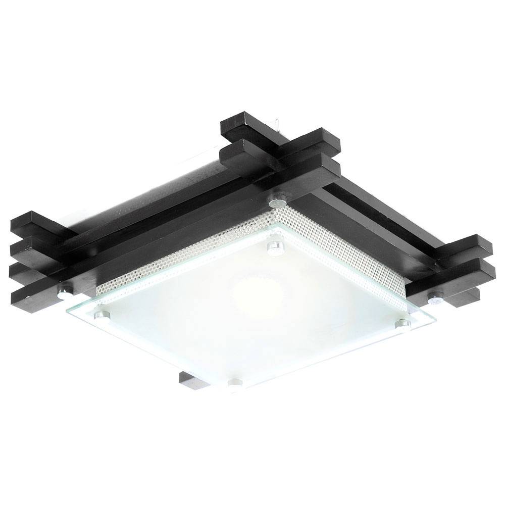 Holzlampe Deckenlampe Deckenleuchte Wohnzimmerleuchte Schlafzimmerlampe, Holz braun Glas satiniert Metall, 1x E27 Fassung, LxBxH 27x27x8,5cm