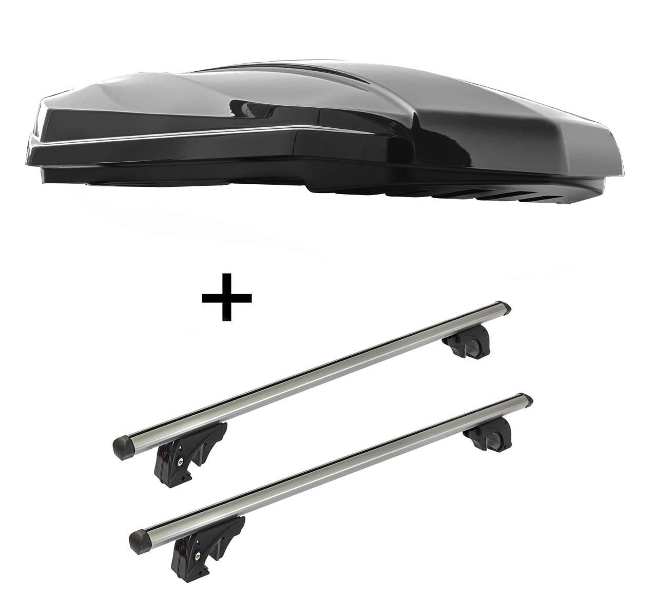 DACHBOX STRIKE 440 Liter schwarz hochglanz + Dachträger/Relingträger VDPLION1 kompatibel mit für Kia Carnival (GQ) (5 Türer) 01-05