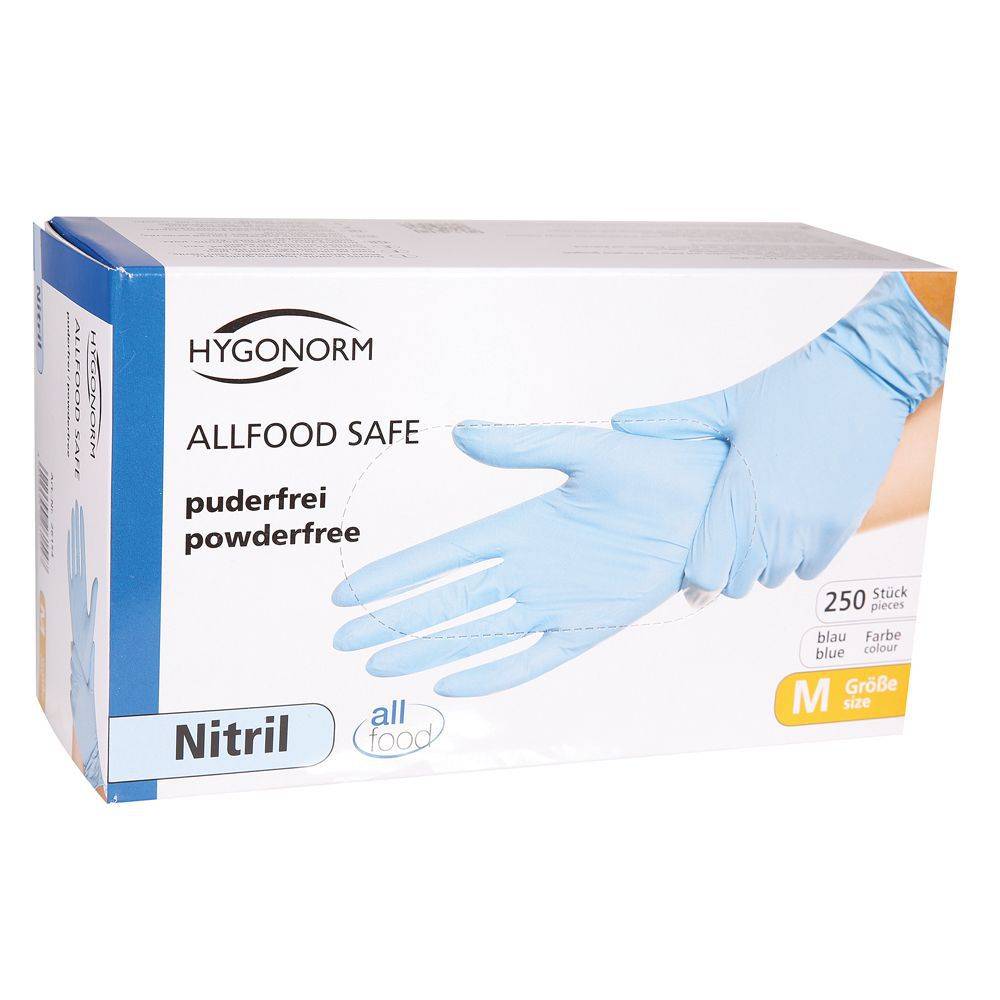 Hygonorm ALLFOOD SAFE Nitril-Einweghandschuh puderfrei unsteril (250 Stück) Farbe: Blau, Gr. 8 (M)