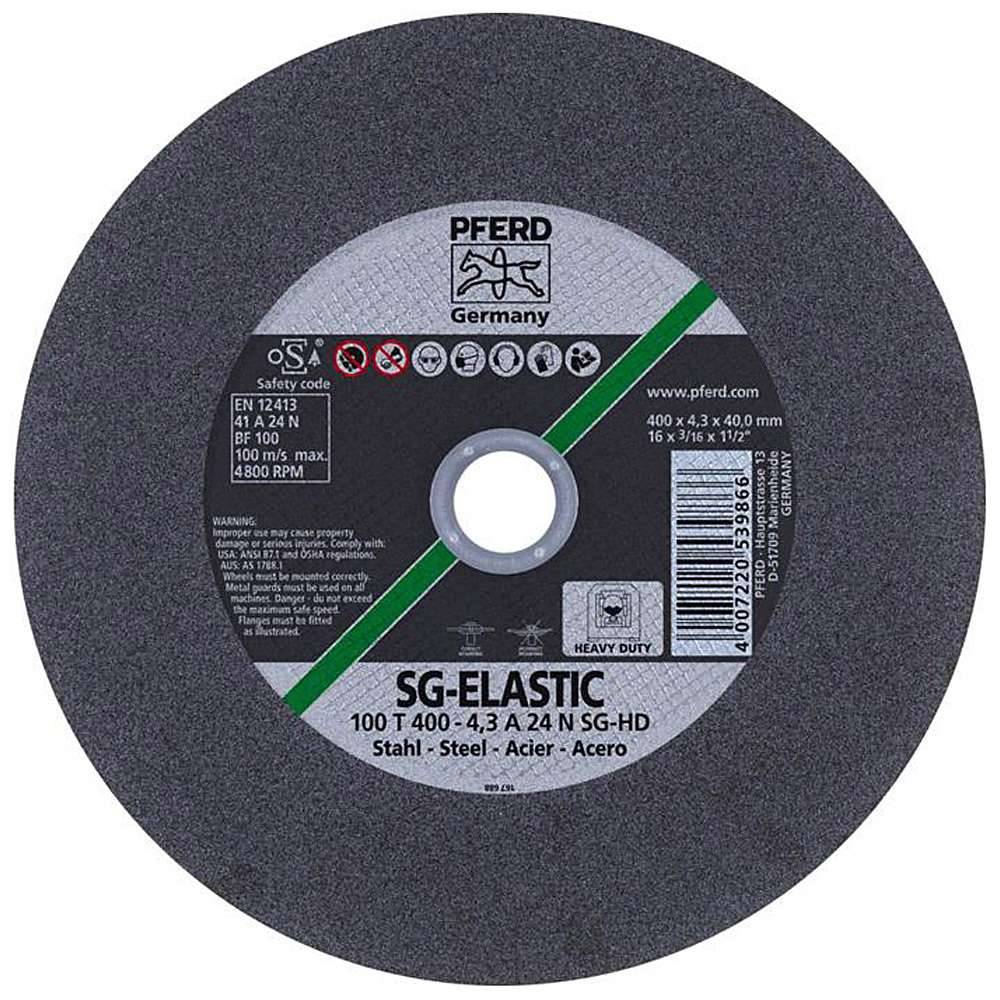 Trennscheibe - PFERD SG-ELASTIC - für Stahl - max. Arbeitsgeschwindigkeit 100 m/s - Bezeichnung 100 T 400-4,3 A 24 N SG-HD/40,0 - Maße (D x T x H)