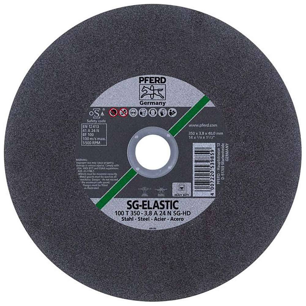 Trennscheibe - PFERD SG-ELASTIC - für Stahl - max. Arbeitsgeschwindigkeit 100 m/s - Bezeichnung 100 T 350-3,8 A 24 N SG-HD/40,0 - Maße (D x T x H)
