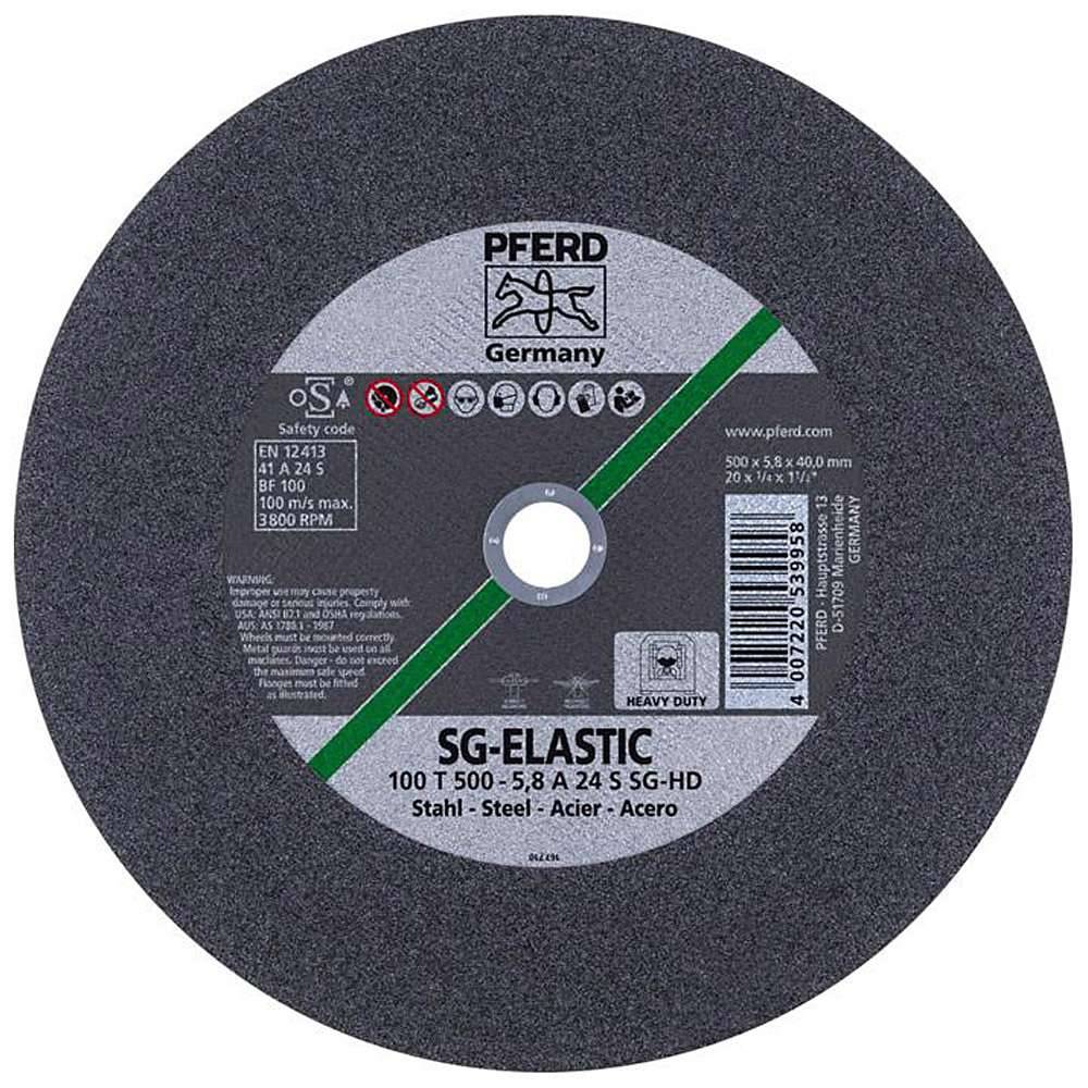 Trennscheibe - PFERD SG-ELASTIC - für Stahl - max. Arbeitsgeschwindigkeit 100 m/s - Bezeichnung 100 T 500-5,8 A 24 S SG-HD/40,0 - Maße (D x T x H)
