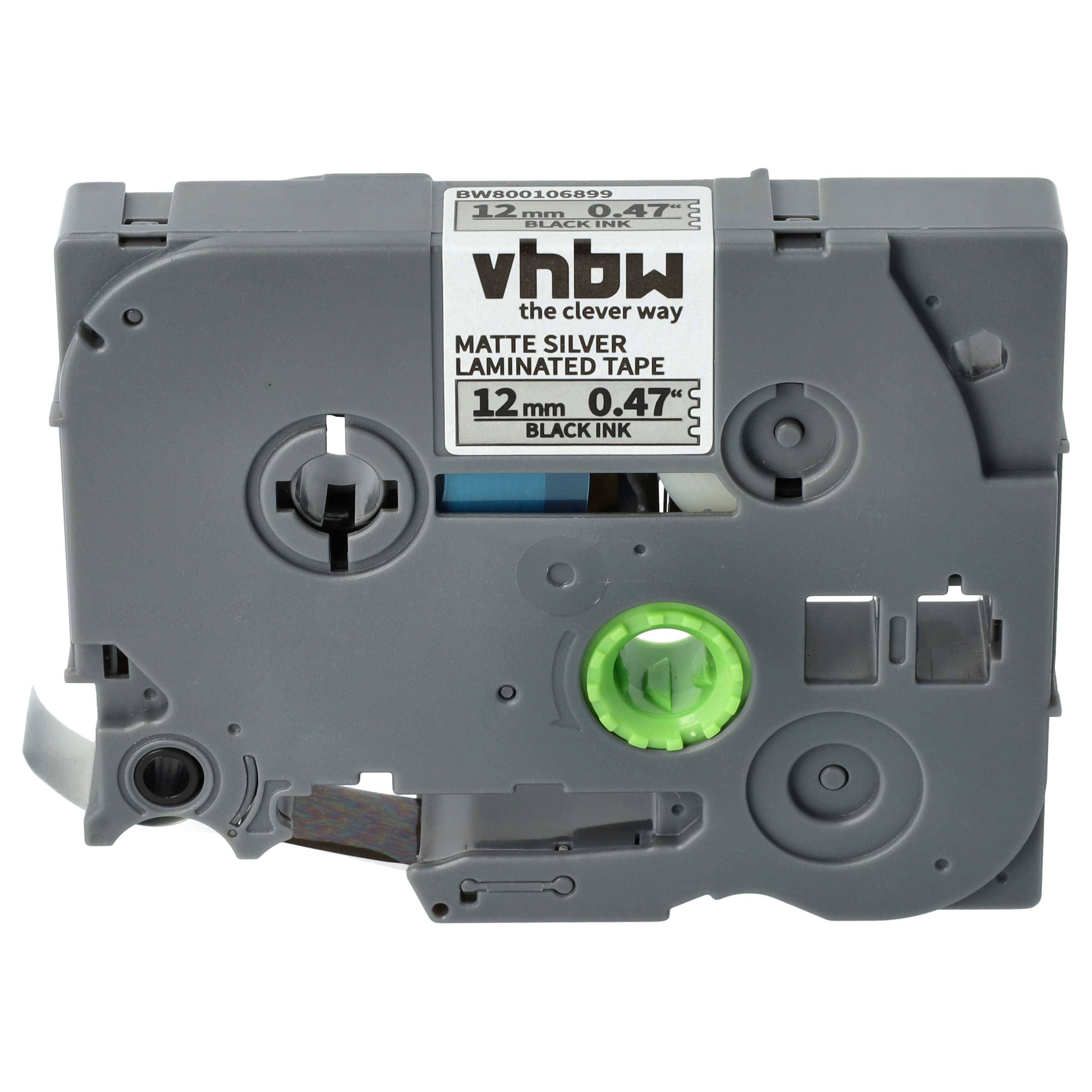 vhbw Schriftband-Kassette kompatibel mit Brother PT E300VP, E300, GL-100, H100, E200, H100L Etiketten-Drucker 8m x 12mm Schwarz auf Matt-Silber