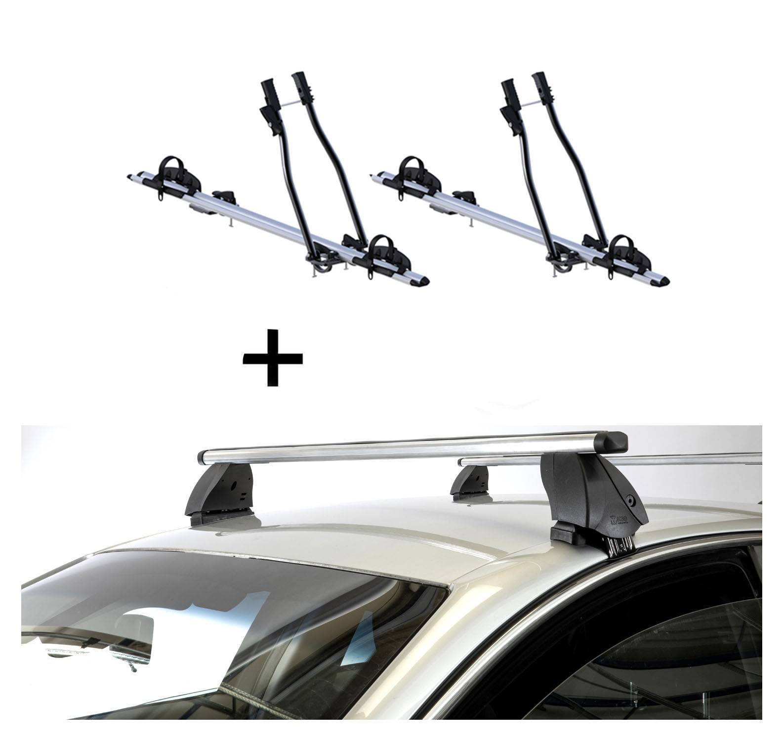 2x Fahrradträger SAGITTAR + Dachträger K1 PRO Aluminium kompatibel mit für Citroen C1 (5Türer) ab 14