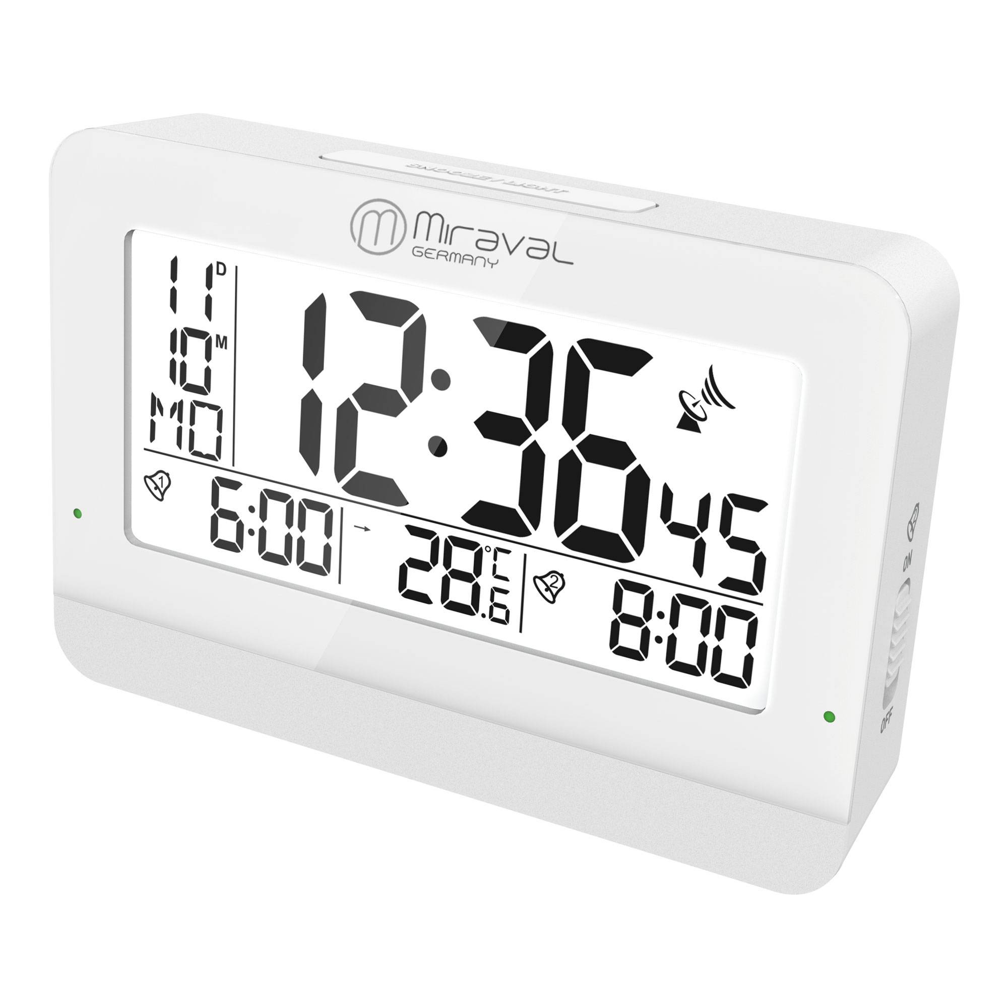 Miraval digitaler Funkwecker Datumsanzeige Designwecker Reisewecker Temperaturanzeige Großes Display 2 Alarme Snooze Hintergrundbeleuchtung Moderner