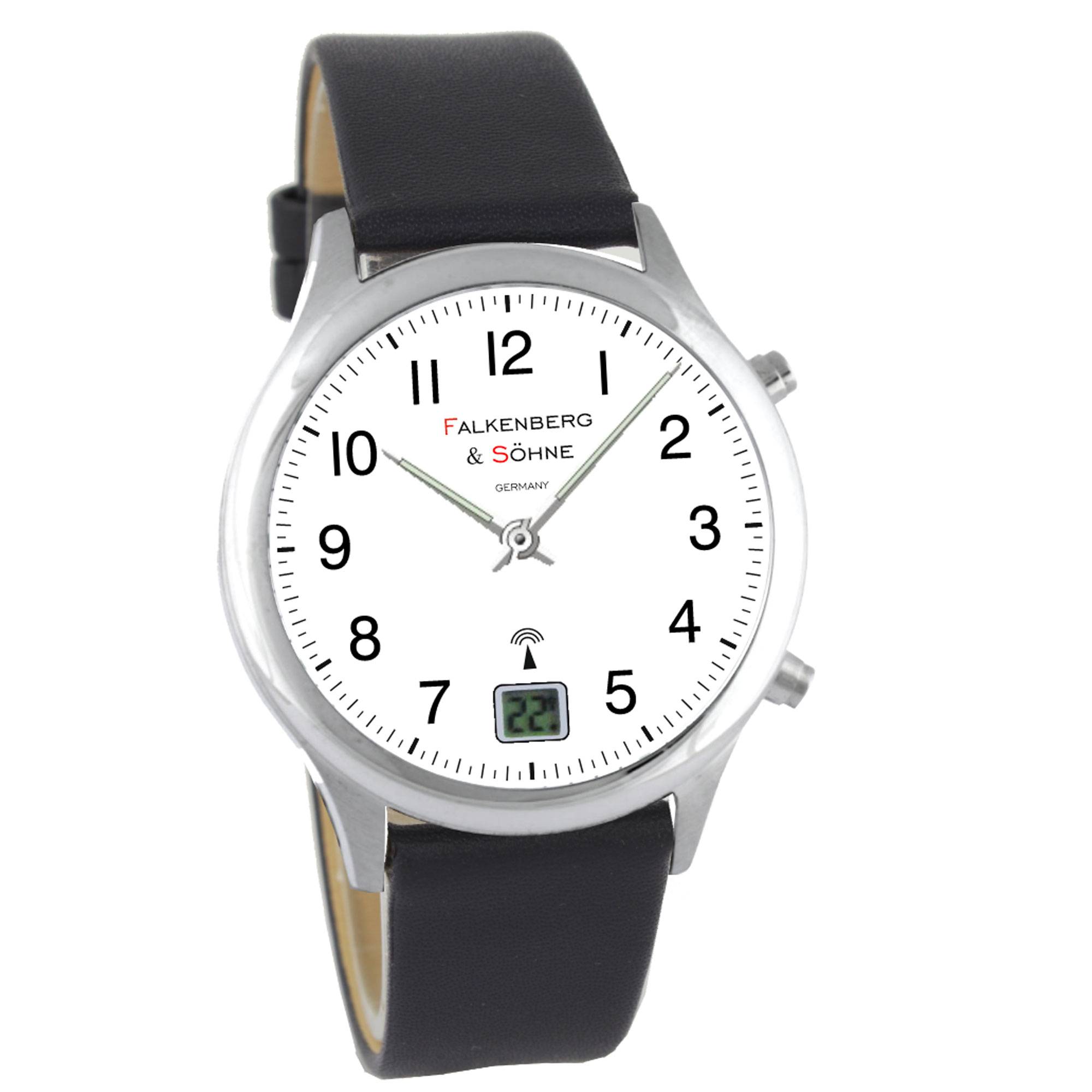 Falkenberg & Söhne Funkarmbanduhr japanisches Quarzuhrwerk Funkuhr 42 mm Leder 22 mm Funksignal DCF77 Herrenarmbanduhr Damenarmbanduhr Digitale