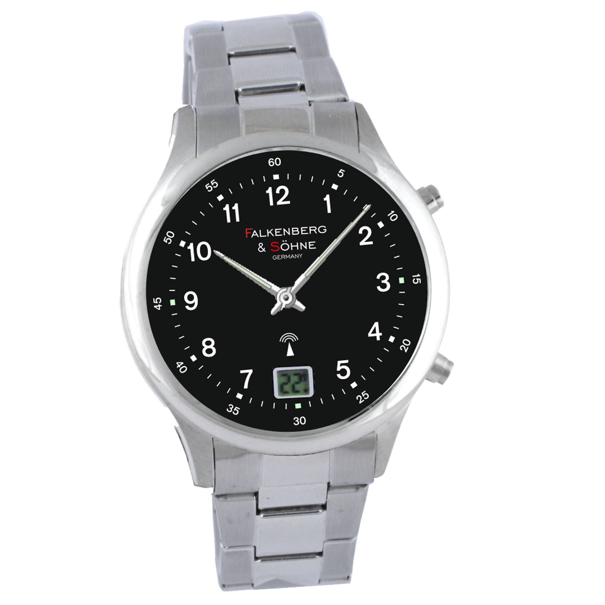 Falkenberg & Söhne Funkarmbanduhr japanisches Quarzuhrwerk Funkuhr 41 mm Edelstahl 20 mm Funksignal DCF77 Herrenarmbanduhr Damenarmbanduhr Digitale