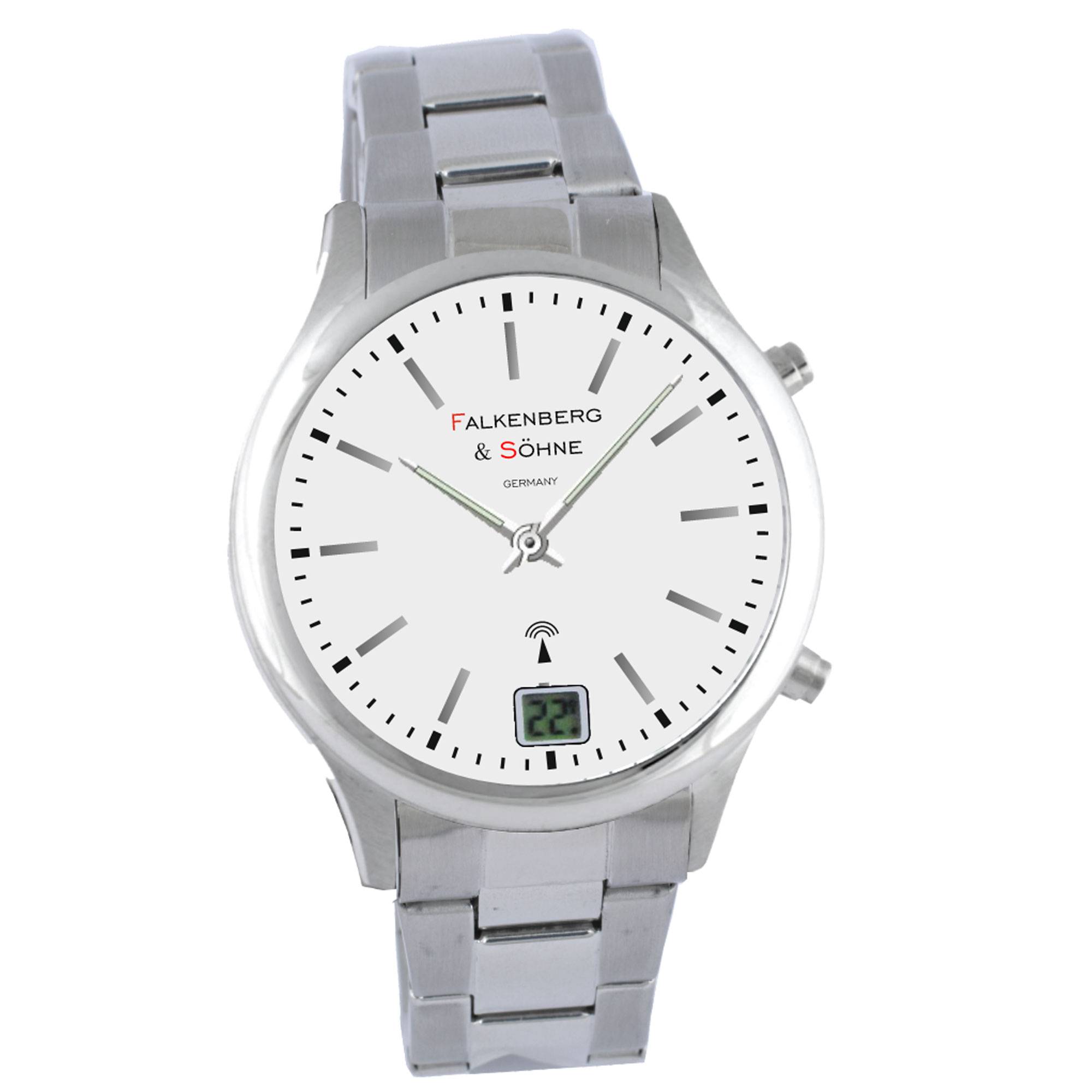 Falkenberg & Söhne Funkarmbanduhr japanisches Quarzuhrwerk Funkuhr 41 mm Edelstahl 20 mm Funksignal DCF77 Herrenarmbanduhr Damenarmbanduhr Digitale