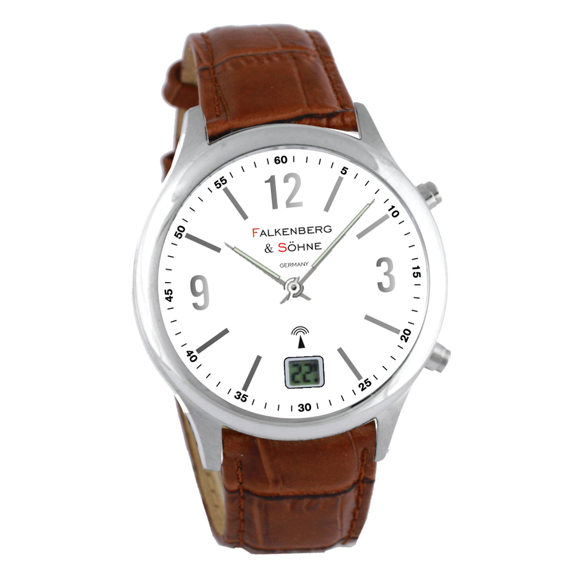 Falkenberg & Söhne Funkarmbanduhr japanisches Quarzuhrwerk Funkuhr 42 mm Edelstahl Leder 22 mm Funksignal DCF77 Herrenarmbanduhr Damenarmbanduhr