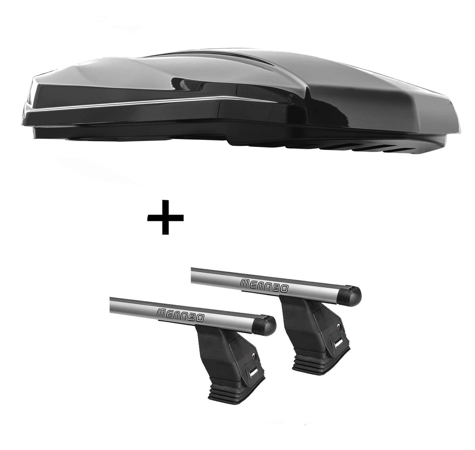 DACHBOX STRIKE 440 Liter schwarz hochglanz + Dachträger Menabo Tema kompatibel mit für Renault Scenic II 2003-2008