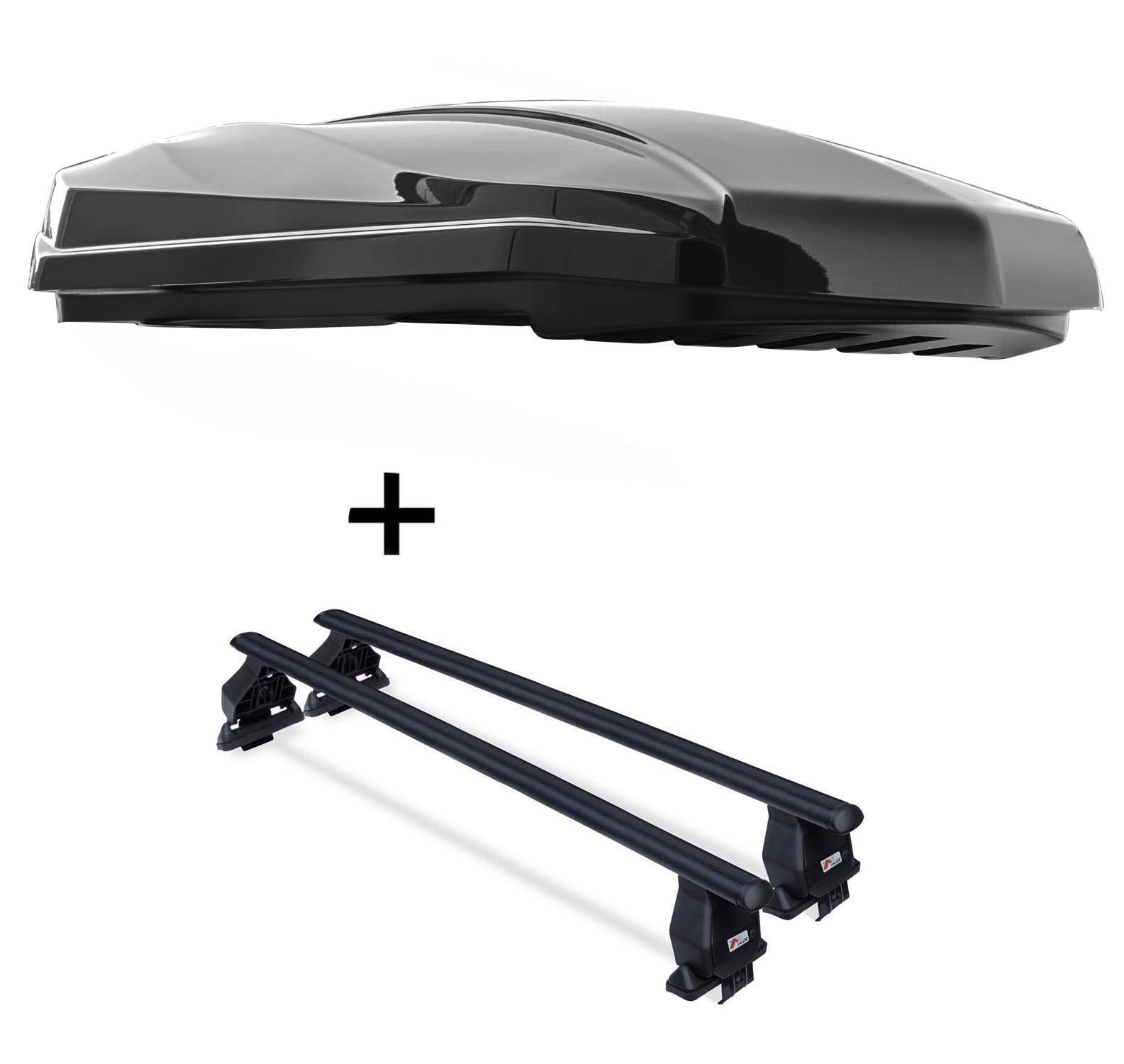 DACHBOX STRIKE 440 Liter schwarz hochglanz + Dachträger Menabo Tema Stahl kompatibel mit für VW Tiguan 5N (Kombi 5 Türer) 2007-2011