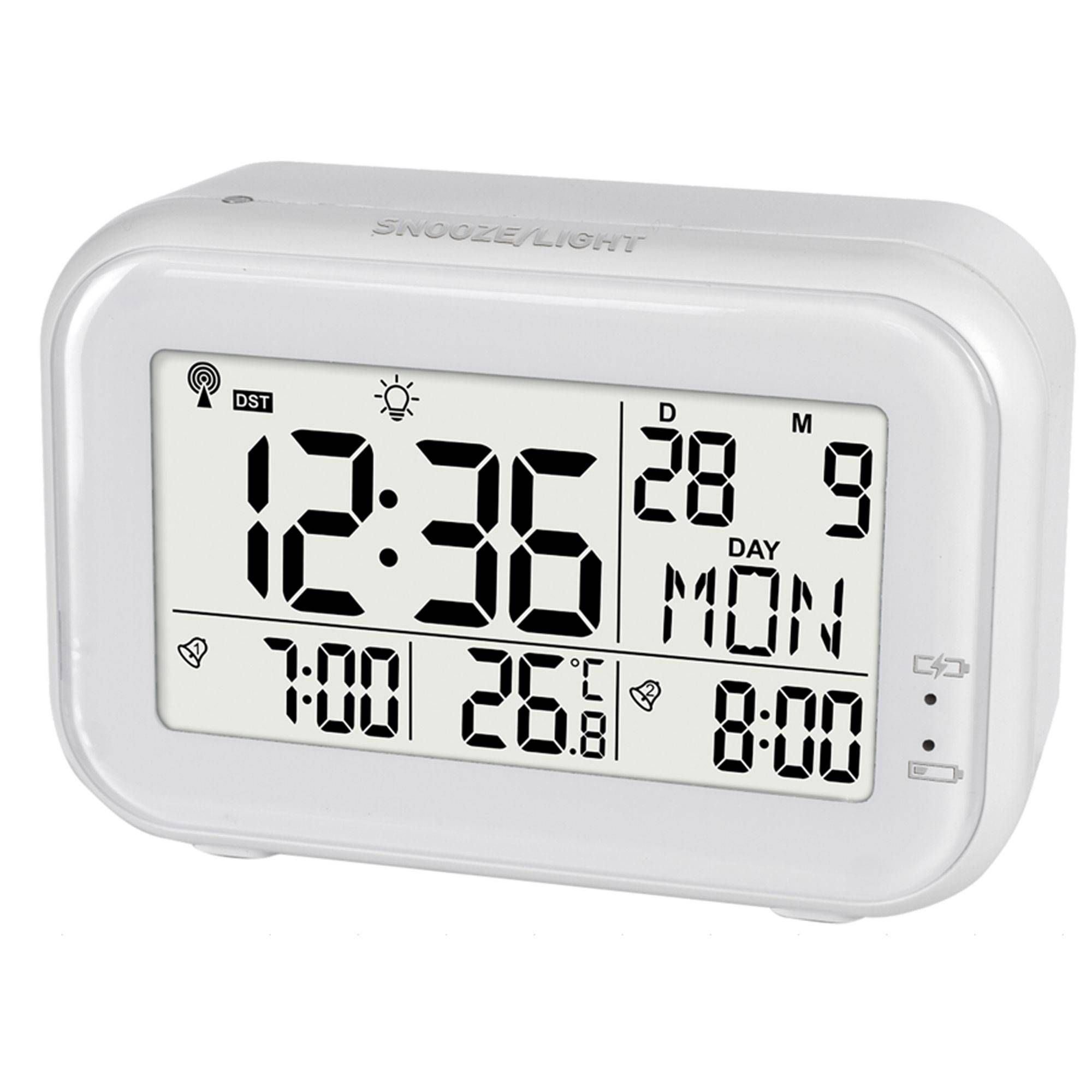 Premium Design-Funkwecker mit Akku automatisches Nachtlicht Datumsanzeige Temperaturanzeige USB-Ladekabel 2 Alarme Snooze Hintergrundbeleuchtung