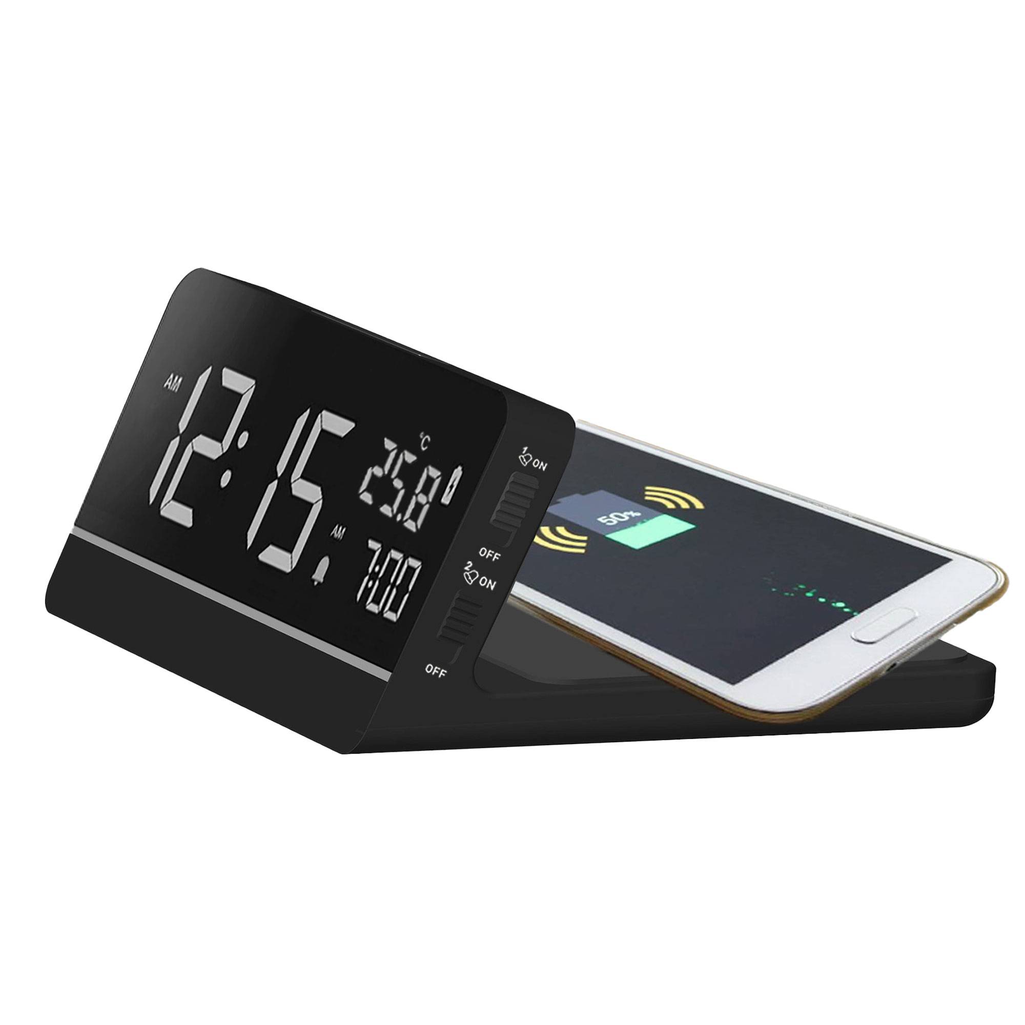 Digitaler Wecker QI Ladestation zum kabellosen Laden von Smartphones Temperaturanzeige 2 Alarme LCD-Display Datumsanzeige