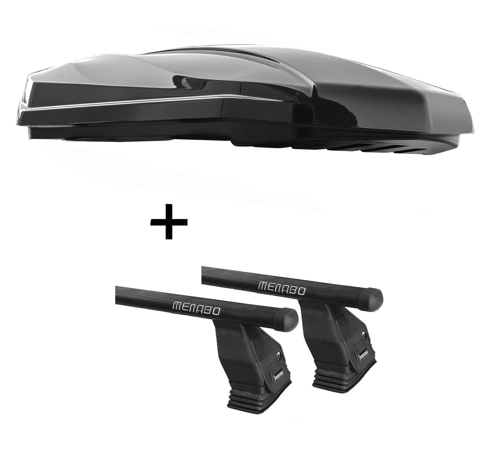 DACHBOX STRIKE 440 Liter schwarz hochglanz + Dachträger Menabo Tema Stahl kompatibel mit für Citroen Jumpy (Kastenwagen) bis 2006