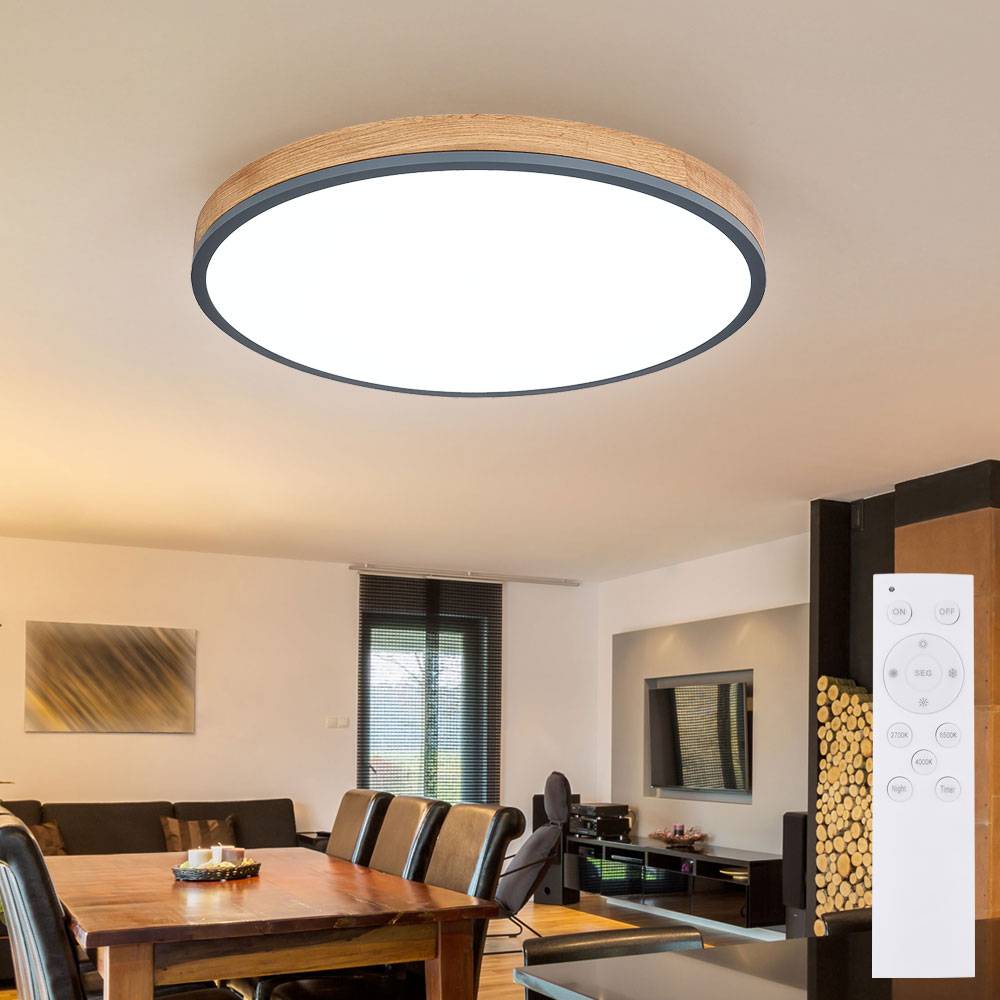 Deckenleuchte mit Fernbedienung LED Deckenlampe dimmbar Wohnzimmerlampe, CCT Nachtlicht, Alu Holzoptik, 1x LED 40W 3500Lm, D 60 cm