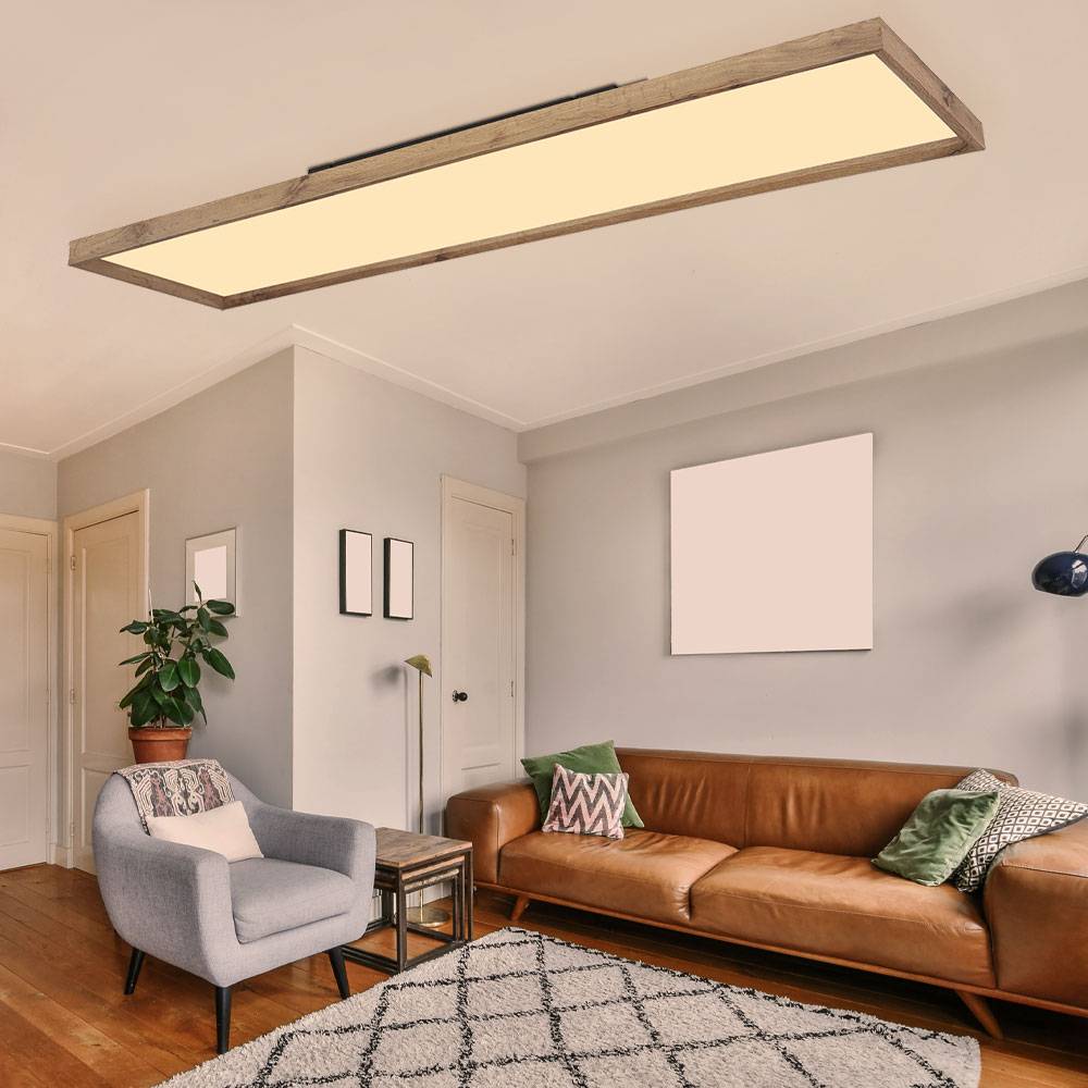 Deckenleuchte CCT Deckenlampe Schlafzimmer Landhausstil Holzleuchte, braun opal, LED 36W 2400lm 2700-6500K, LxBxH 120x30x8,5 cm