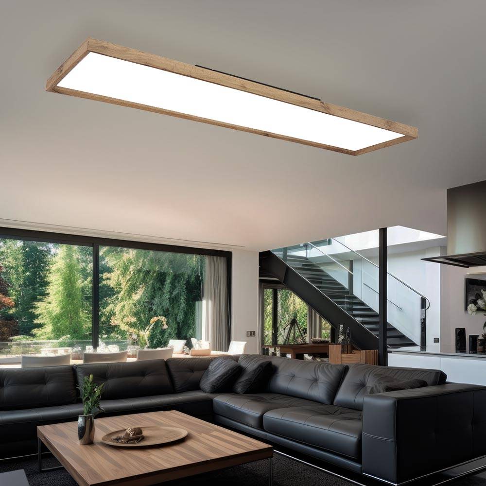 Deckenlampe CCT Deckenleuchte Schlafzimmer Landhausstil Holzleuchte, braun opal, LED 36W 2400lm 2700-6500K, LxBxH 120x30x8,5 cm