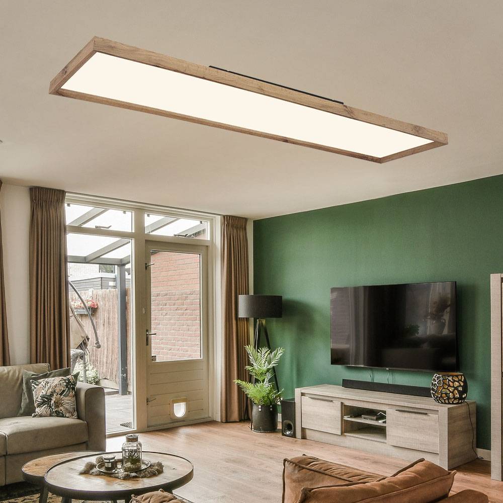 Deckenlampe CCT Deckenleuchte Schlafzimmer Landhausstil Holzleuchte, braun opal, LED 36W 2400lm 2700-6500K, LxBxH 120x30x8,5 cm