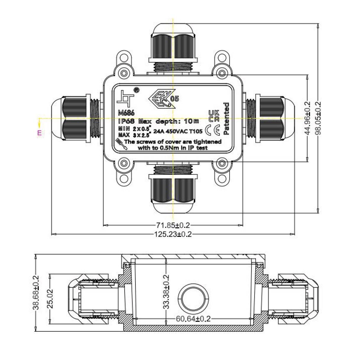 Kabelverbinder Verteiler Abzweig Verbindungsdose Outdoor IP68 Wasserdicht X Form 4-Fach