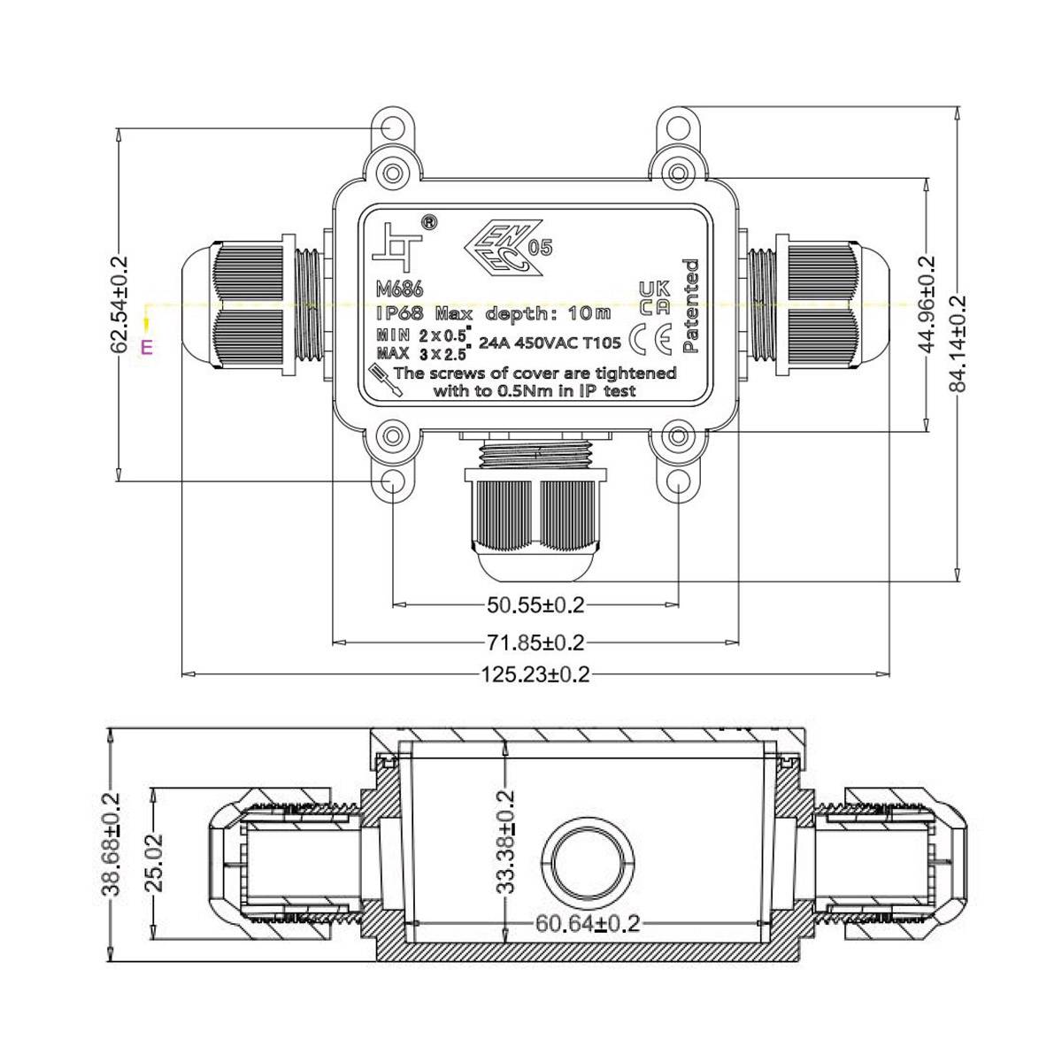 Kabelverbinder T-Dosenmuffe Verteiler-Abzweigdose Verbindungsdose 3-Pin T-Form