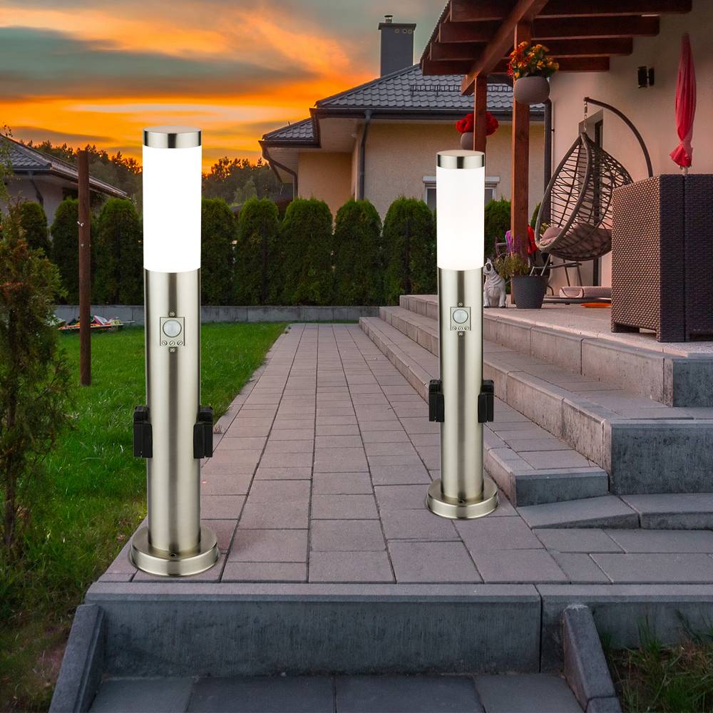 2er Set Edelstahl Steh Lampe Außen Steckdosen Bewegungsmelder Garten Wege Stand Leuchte silber