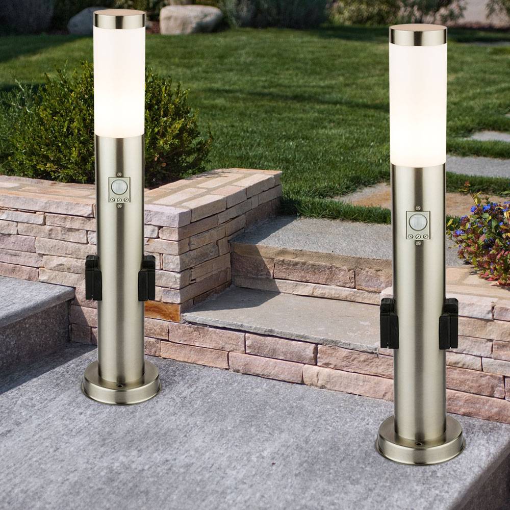 2er Set Steh Leuchten Edelstahl Außen Beleuchtung Steckdosen Bewegungsmelder Garten Steh Lampen