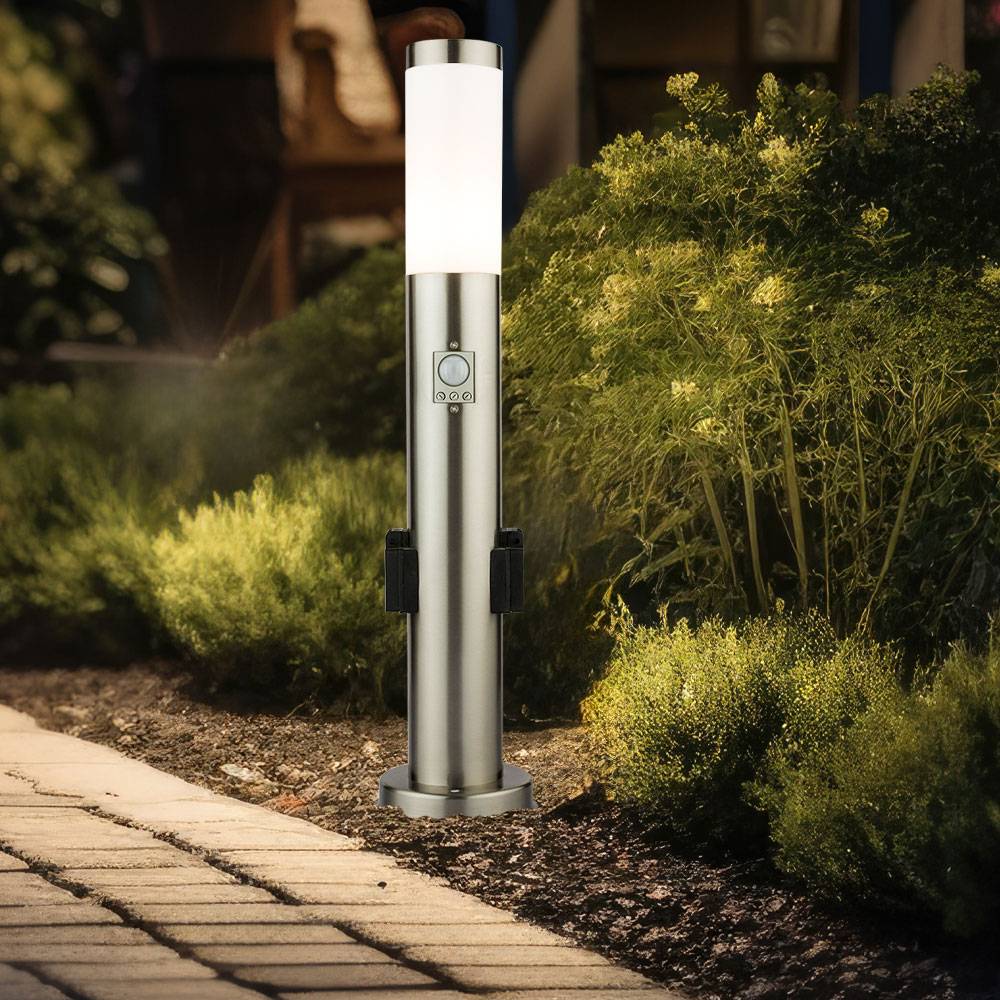 3er Set Edelstahl Steh Lampe Außen Steckdosen Bewegungsmelder Garten Wege Leuchte silber