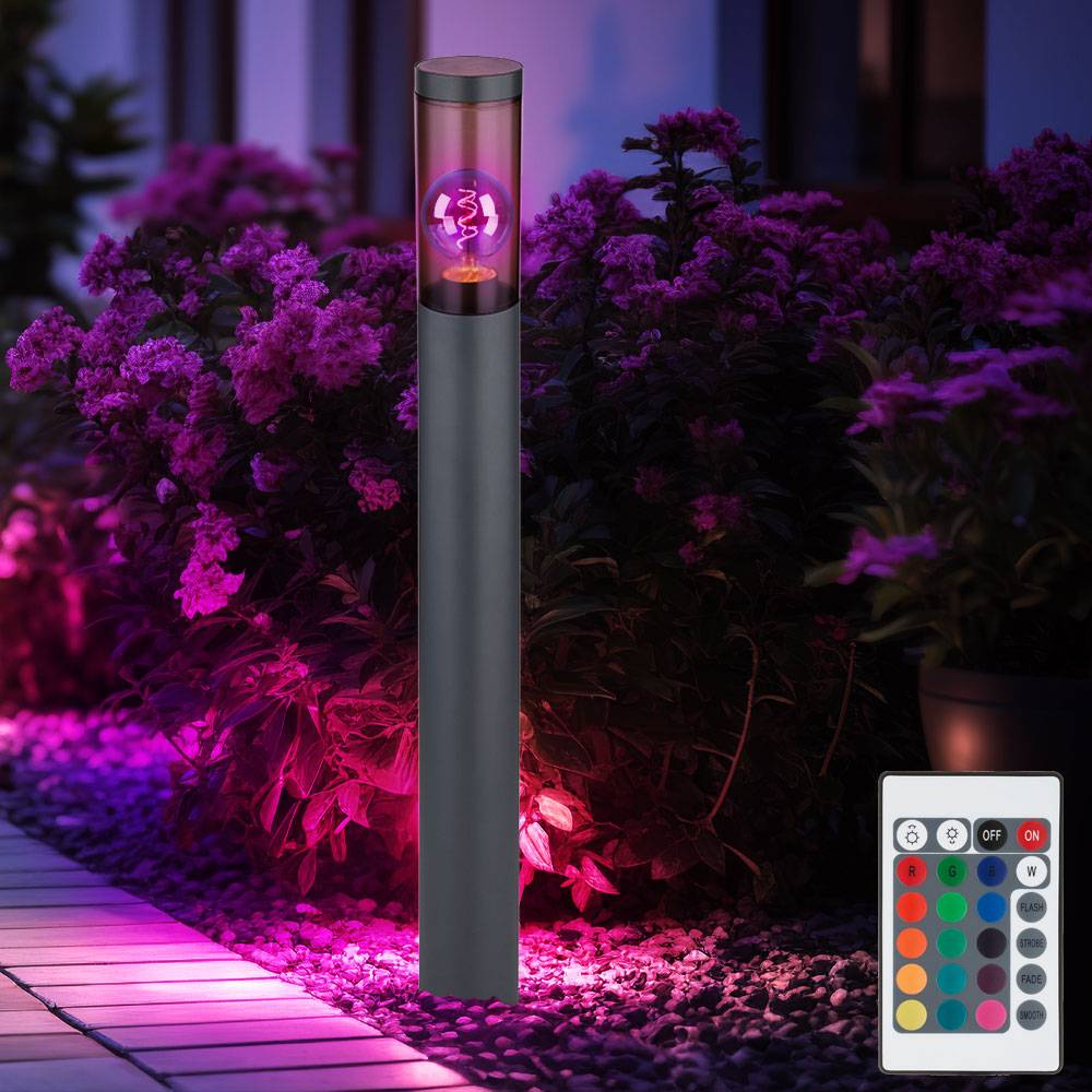 Standleuchte Edelstahl Sockelleuchte rauch anthrazit Außen Garten Stehlampe, Fernbedienung dimmbar, 1x RGB LED 8,5W 806Lm warmweiß, DxH 7,6x80 cm