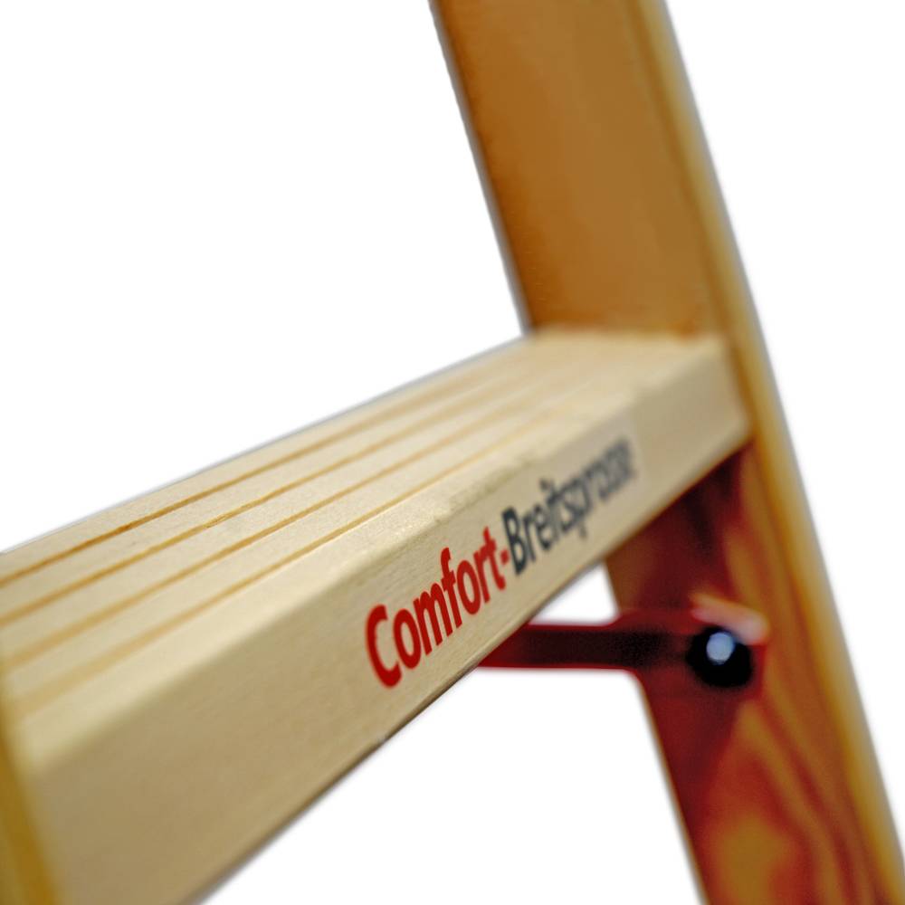 Euroline Holz Sprossenstehleiter mit Comfort-Breitsprossen, Eimerhaken und Werkzeugablagetasche 2x7 Sprossen