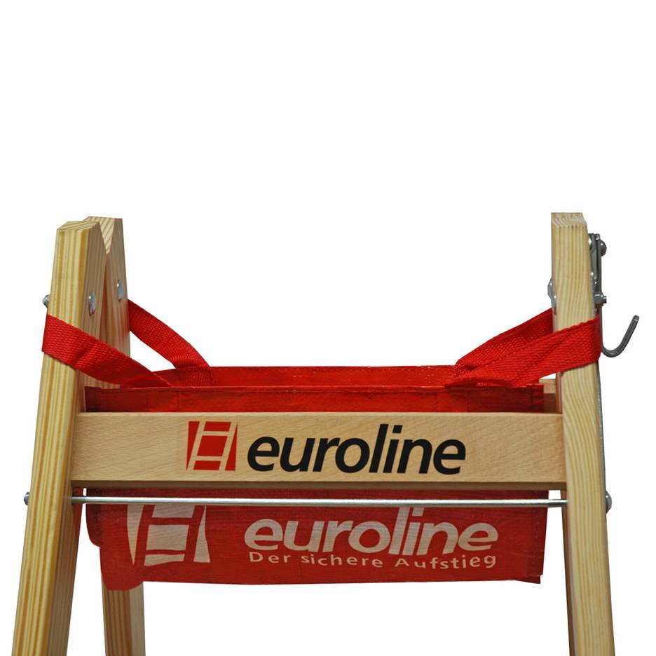 Euroline Holz Sprossenstehleiter mit Comfort-Breitsprossen, Eimerhaken und Werkzeugablagetasche 2x7 Sprossen