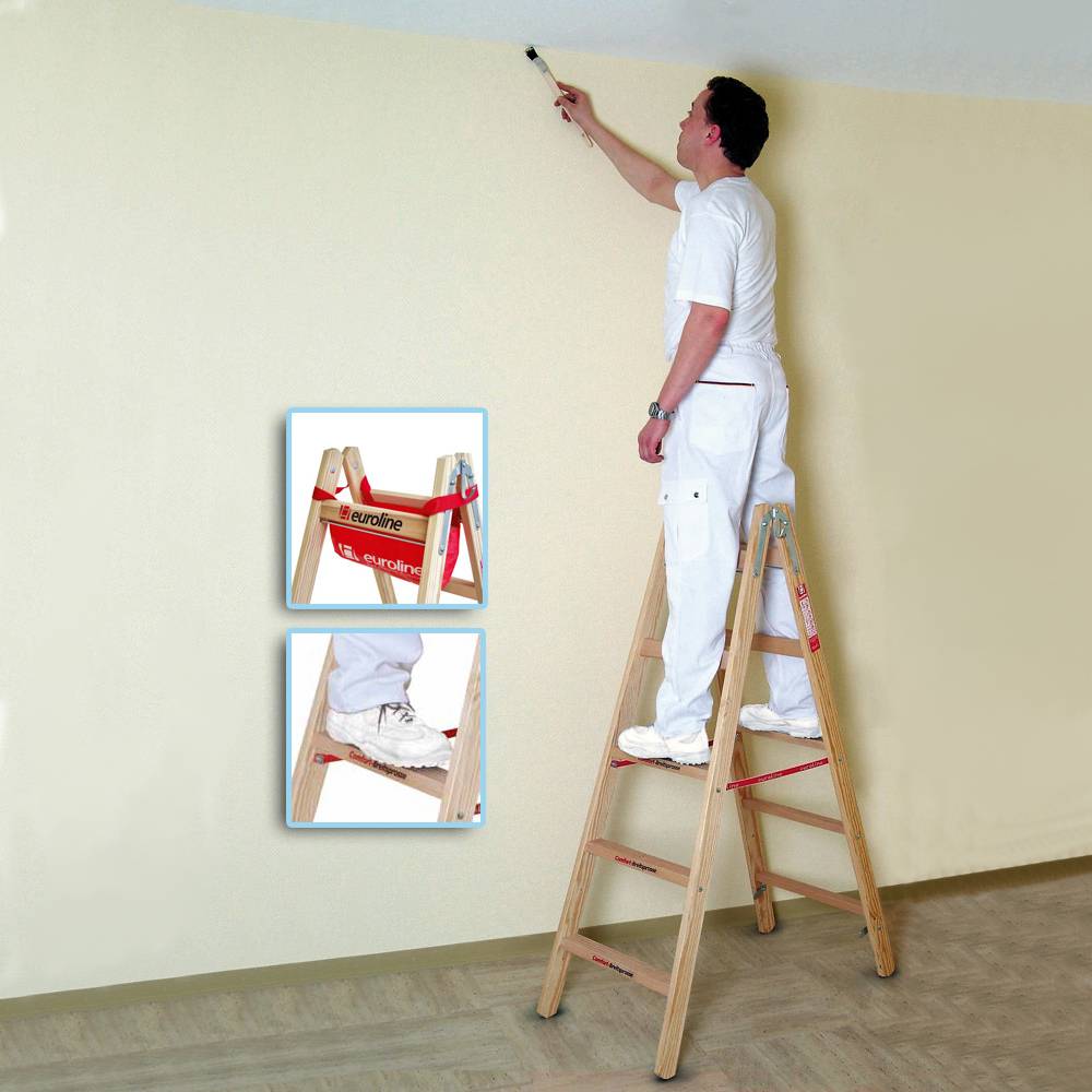 Euroline Holz Sprossenstehleiter mit Comfort-Breitsprossen, Eimerhaken und Werkzeugablagetasche 2x4 Sprossen