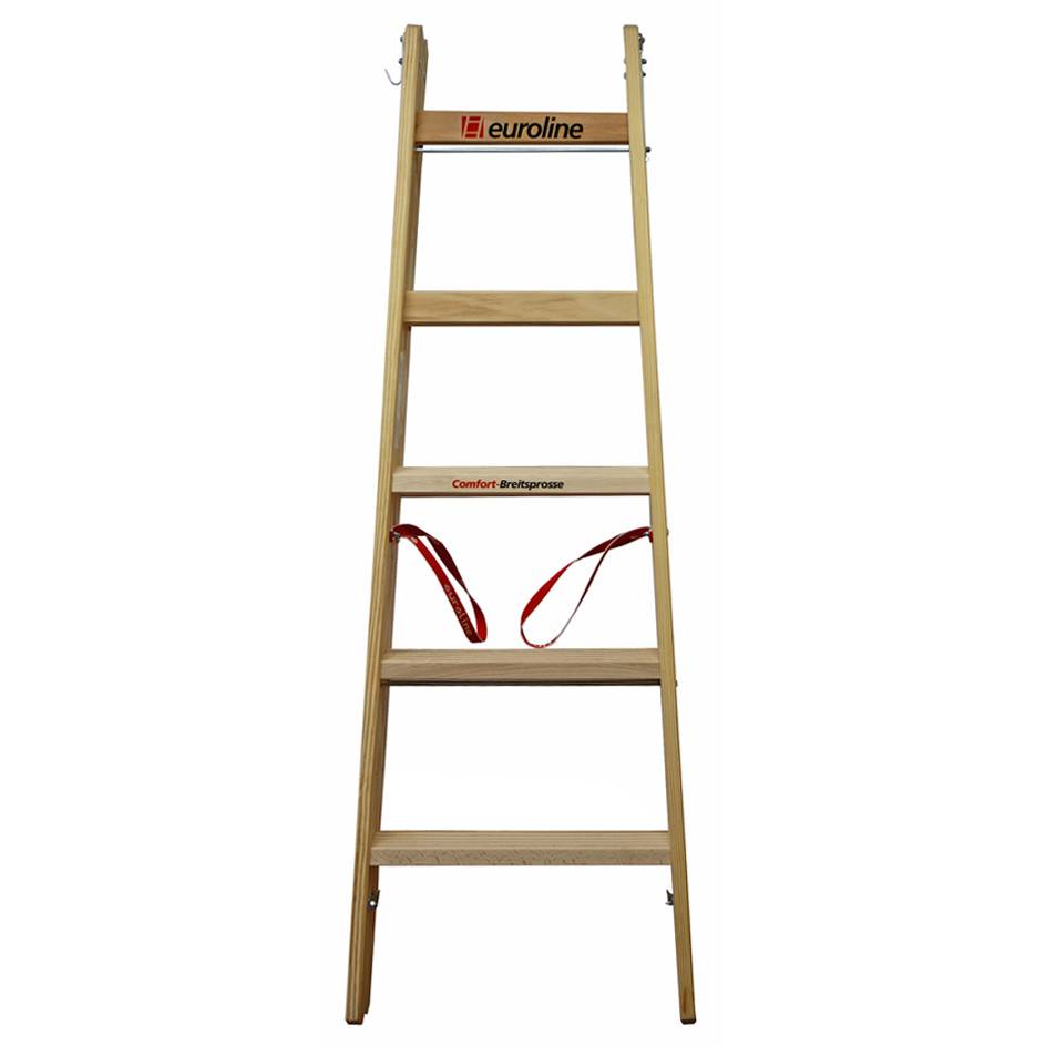 Euroline Holz Sprossenstehleiter mit Comfort-Breitsprossen, Eimerhaken und Werkzeugablagetasche 2x5 Sprossen