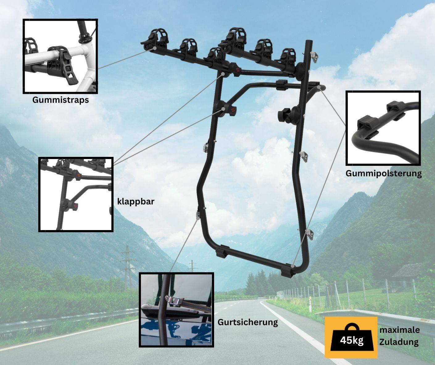 Fahrrad Heckträger - Fahrradträger Heckklappe - universal Auto Fahrradträger - Heckklappenträger - VDP Viper - für 3 Fahrräder - Befestigung an