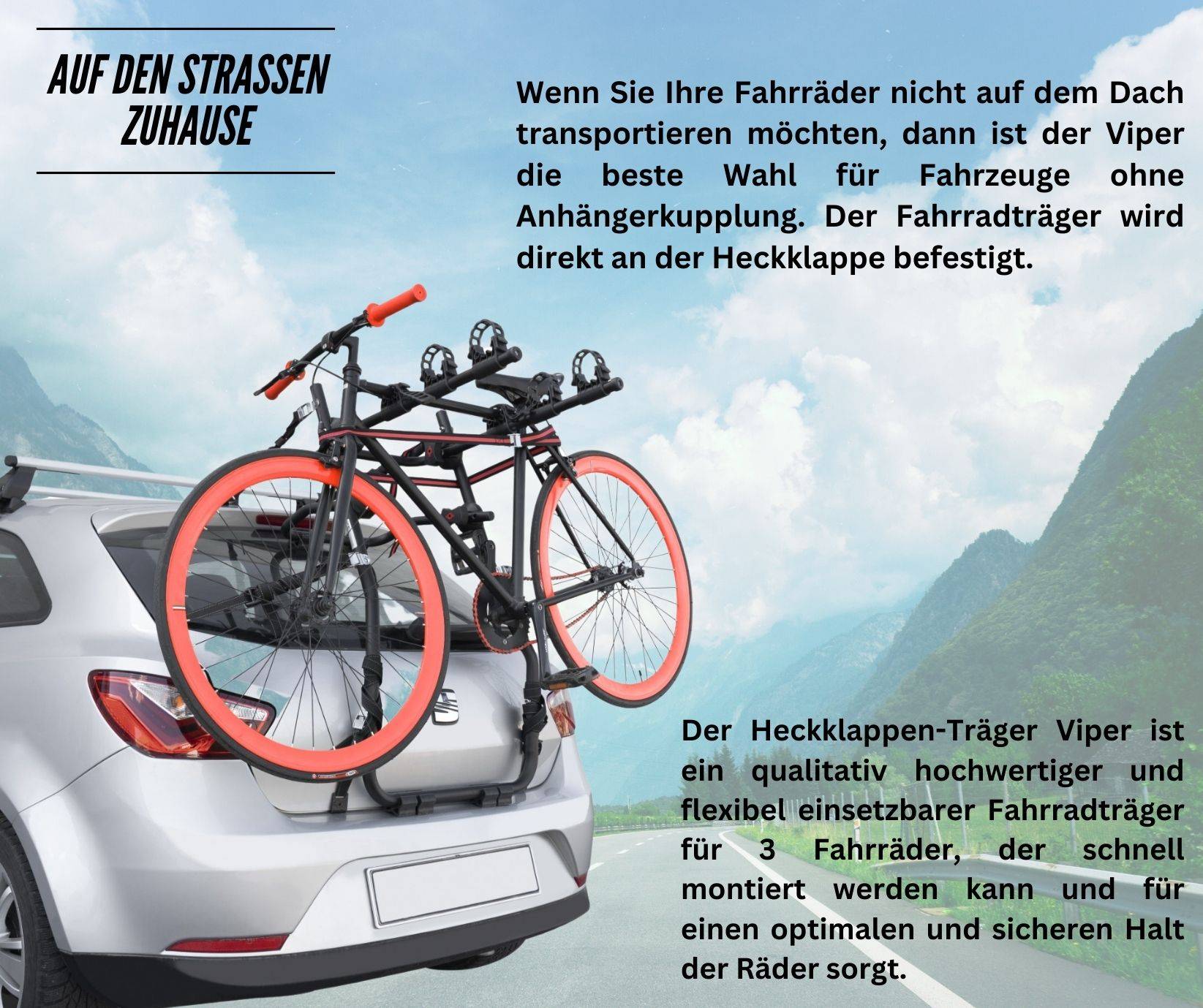 Fahrrad Heckträger - Fahrradträger Heckklappe - universal Auto Fahrradträger - Heckklappenträger - VDP Viper - für 3 Fahrräder - Befestigung an
