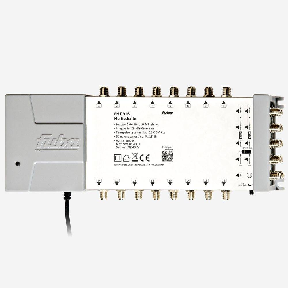 Fuba FMT 916 Multischalter 9/16 - SAT Multischalter 16 Teilnehmer/Receiver/TV für 2 Satelliten mit Energiesparnetzteil - Multiswitch Quattro- und