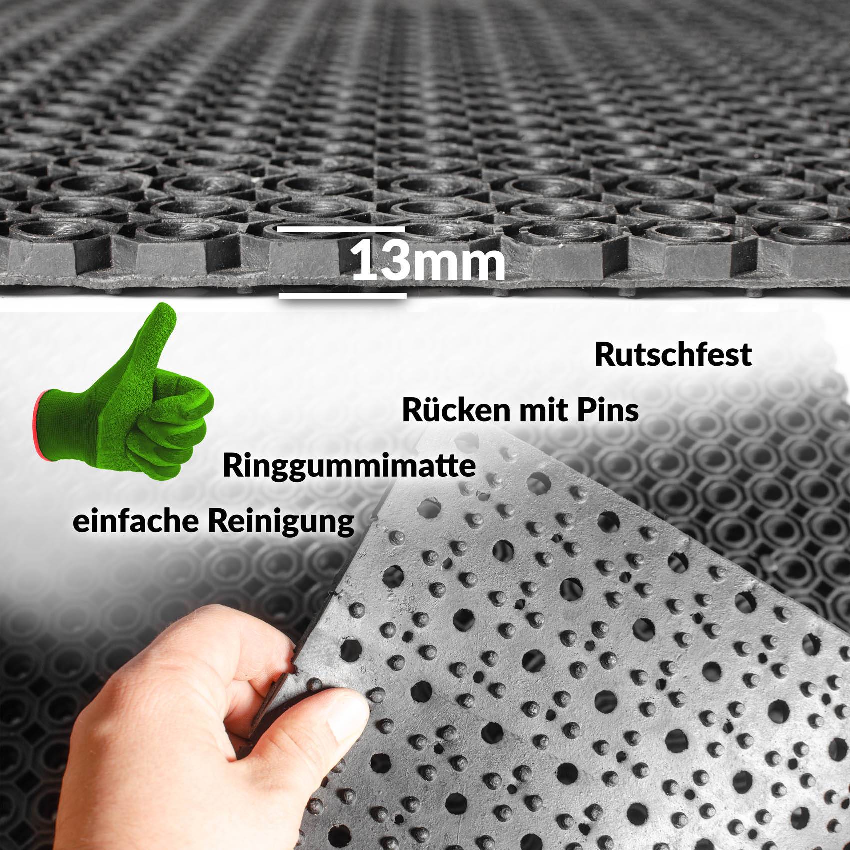 Ringgummimatte Meterware Ringmatte Schwarz Stärke 13mm 100x160cm