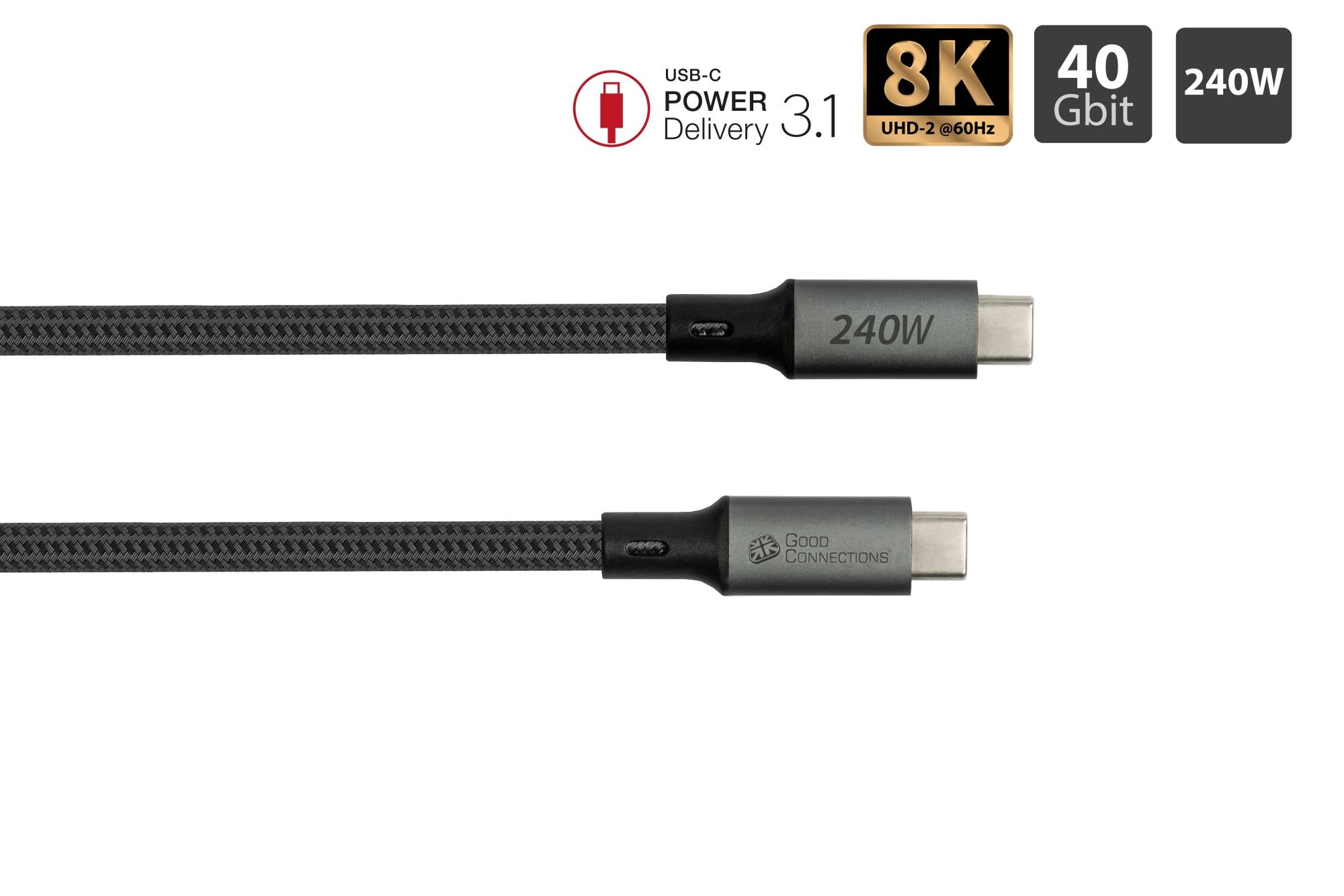 USB 4.0 Gen. 3x2 Kabel (40GBit/s, 240W, 8K@60Hz), USB-C™ Stecker an USB-C™ Stecker, anthrazit, 0,5m, Good Connections®
