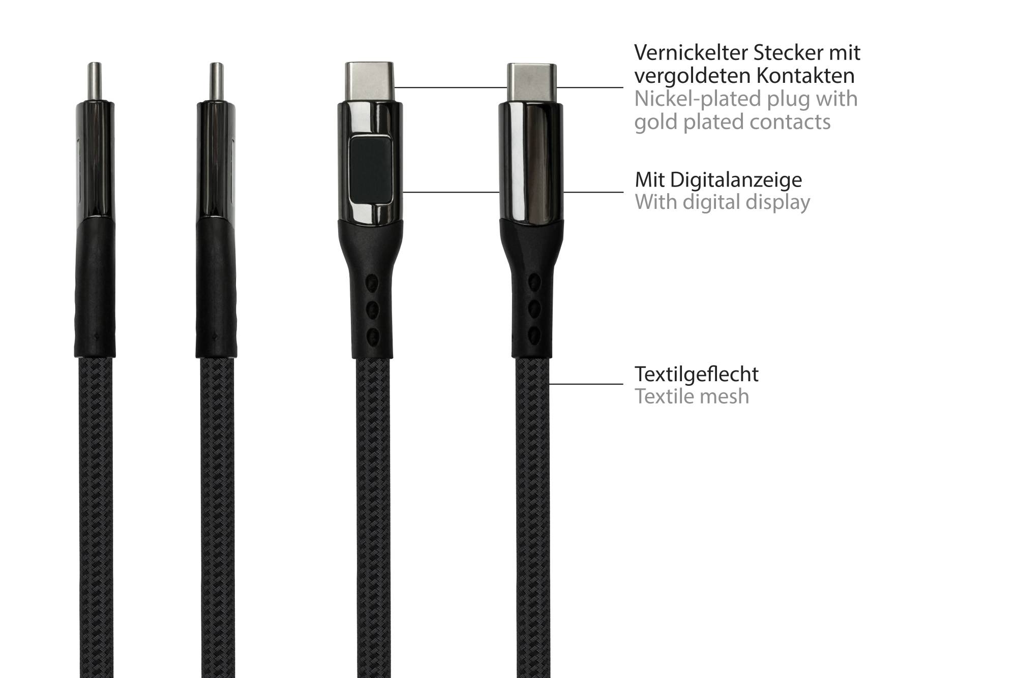 USB 2.0 Lade- und Datenkabel (100W) mit Digitalanzeige, USB-C™ Stecker an USB-C™ Stecker, schwarz, 1m