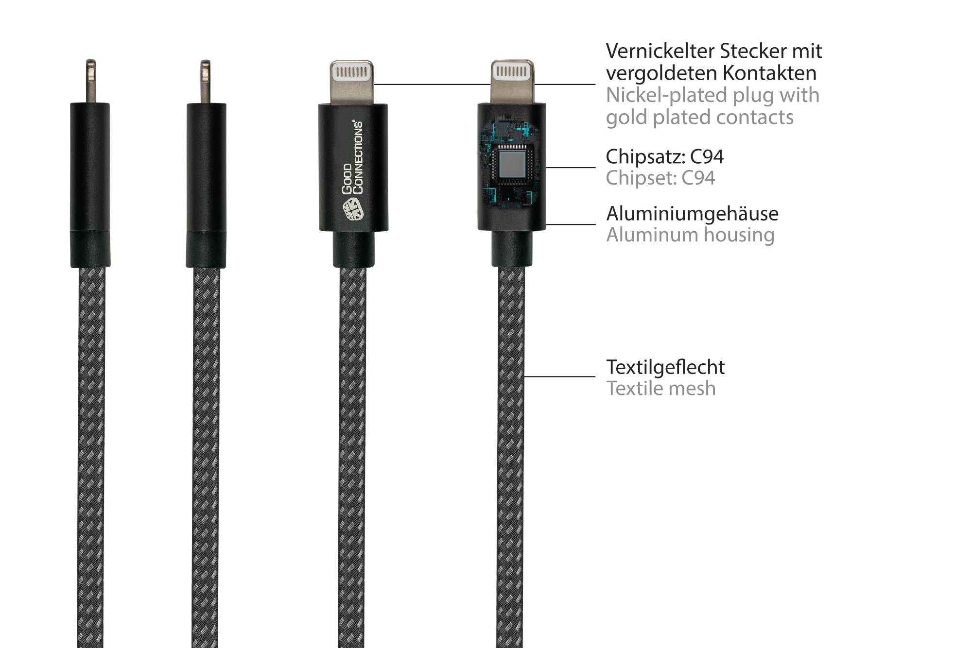 USB 2.0 Lade- und Datenkabel für iPhone/iPad/iPod, USB-C™ Stecker an Lightning™ Stecker, MFI zertifiziert, 18W