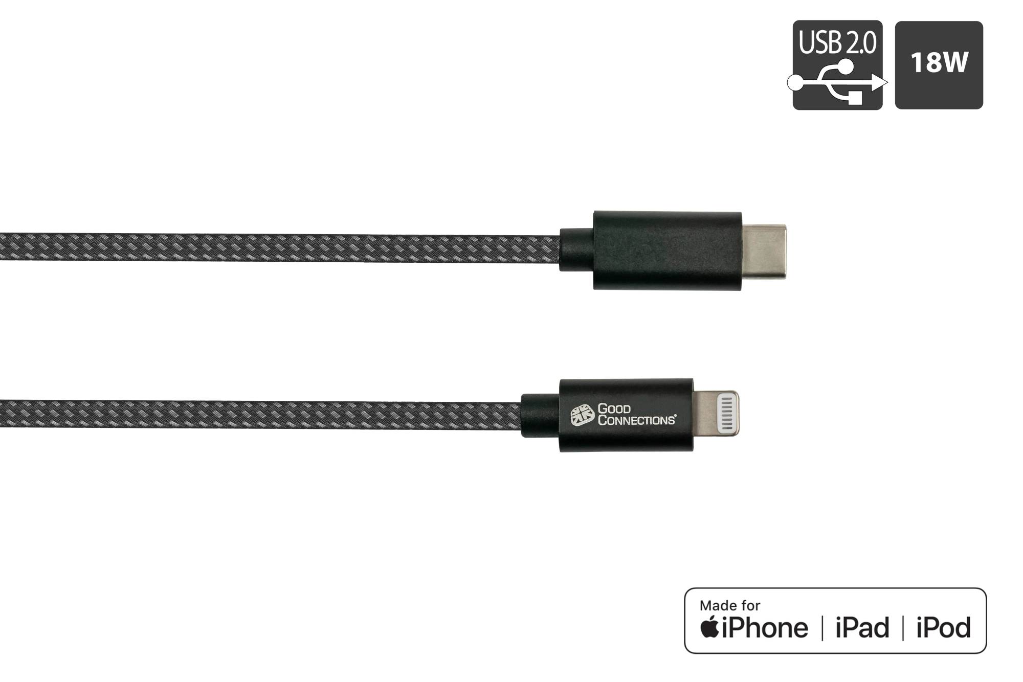 USB 2.0 Lade- und Datenkabel für iPhone/iPad/iPod, USB-C™ Stecker an Lightning™ Stecker, MFI zertifiziert, 18W
