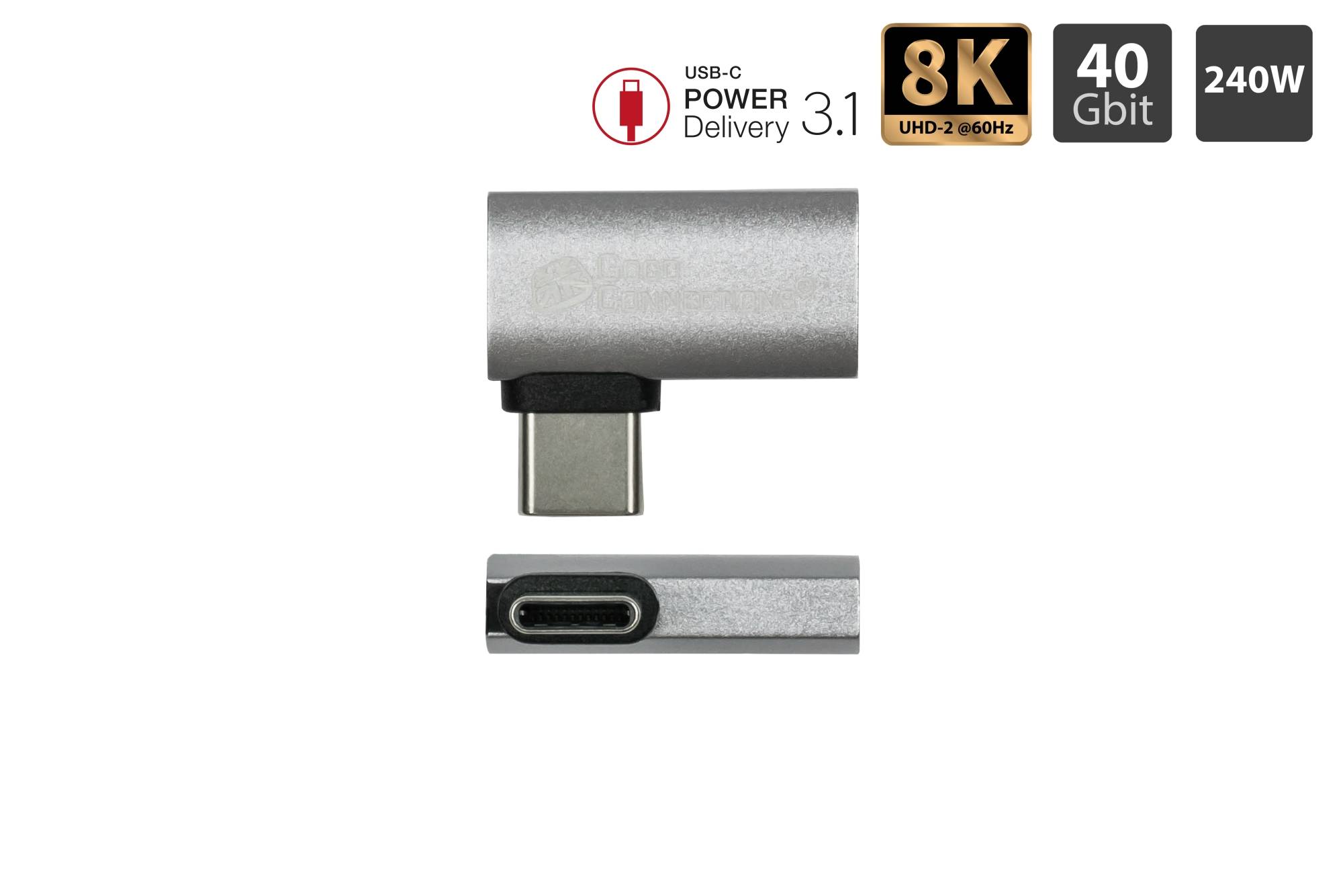 USB 4.0 Gen.3x2 Winkeladapter / Portschoner (40GBit/s, 240W, 8K@60Hz), USB-C™ Stecker an USB-C™ Buchse