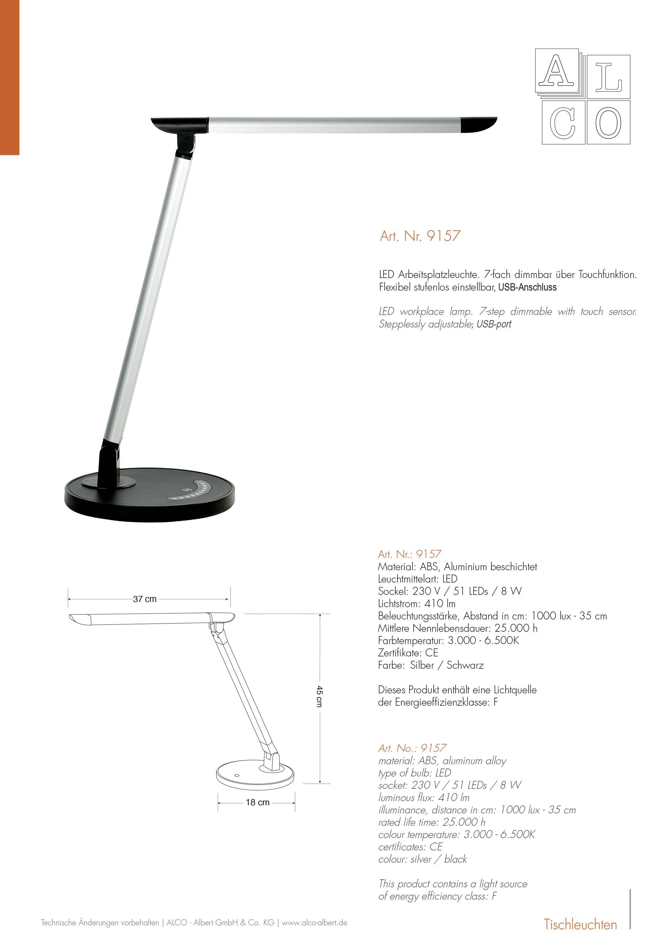 Alco 9157 LED-Arbeitsplatzleuchte, Schwarz / Silber, 3-fach dimmbar, mit Touch