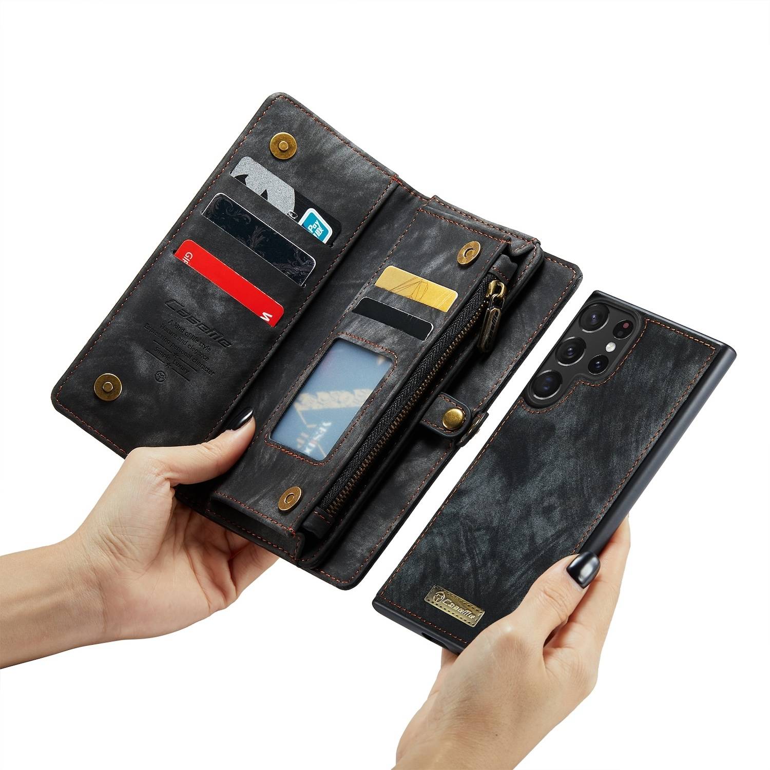 Für Samsung Galaxy S24 Ultra CaseMe Kunstleder Multifunktion Zipper Wallet Tasche Schwarz